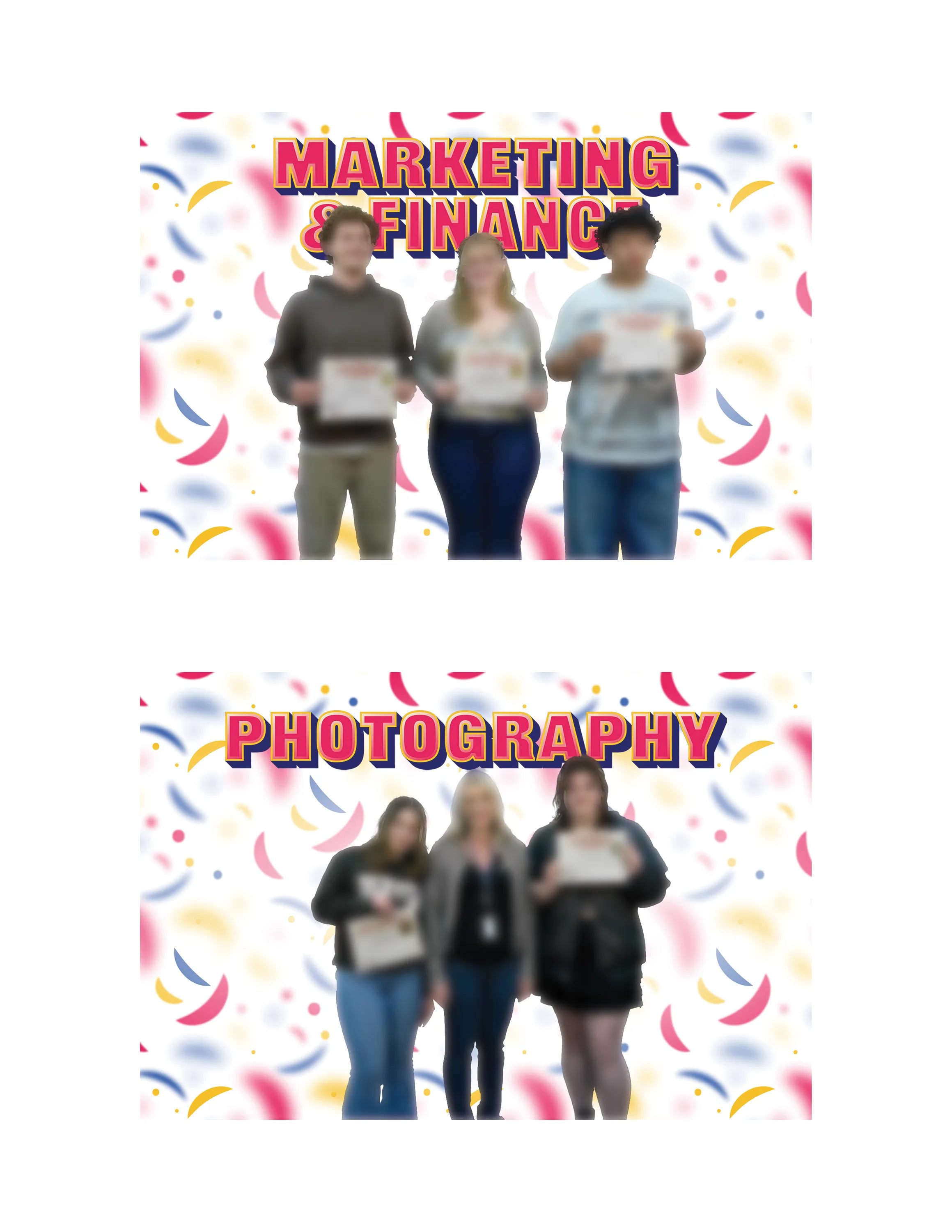 Two finished boards, Marketing and Finance and Photography, student winners holding certificates on a confetti background with faces blurred.