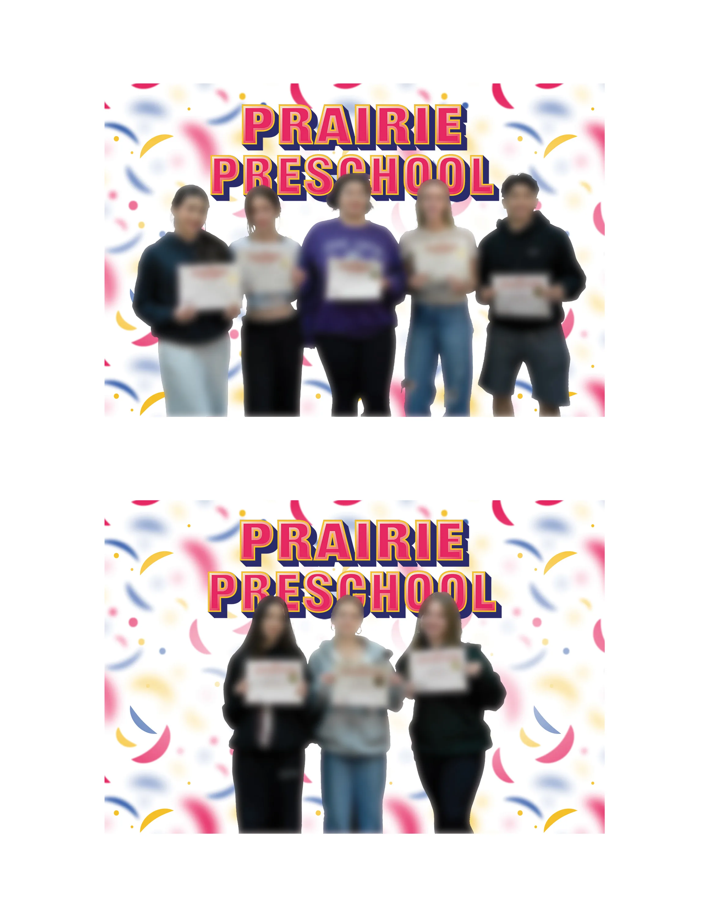 Two finished Prairie Preschool boards, student winners holding certificates on a confetti background with faces blurred.