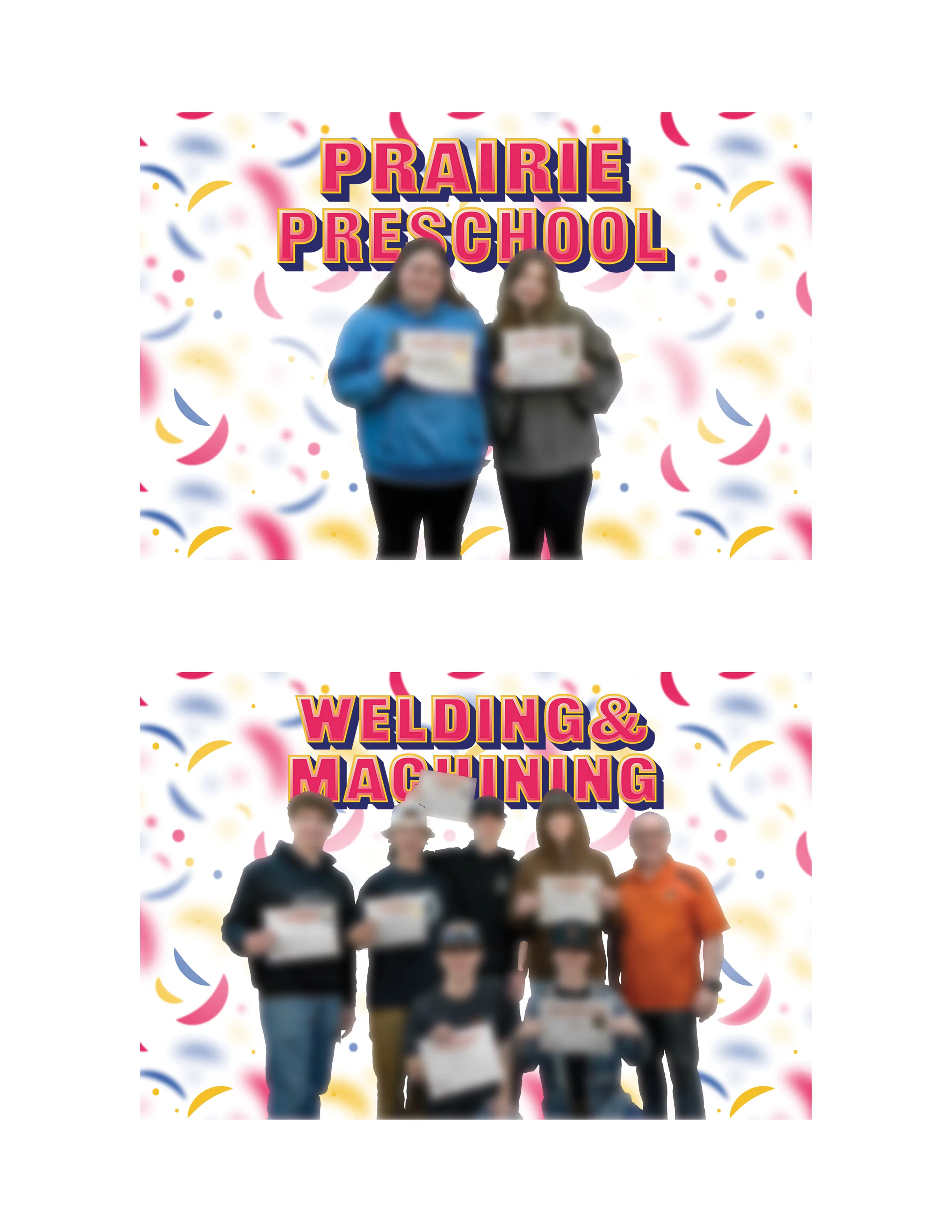 Two finished boards, Prairie Preschool and Welding and Machining, student winners holding certificates on a confetti background with faces blurred.