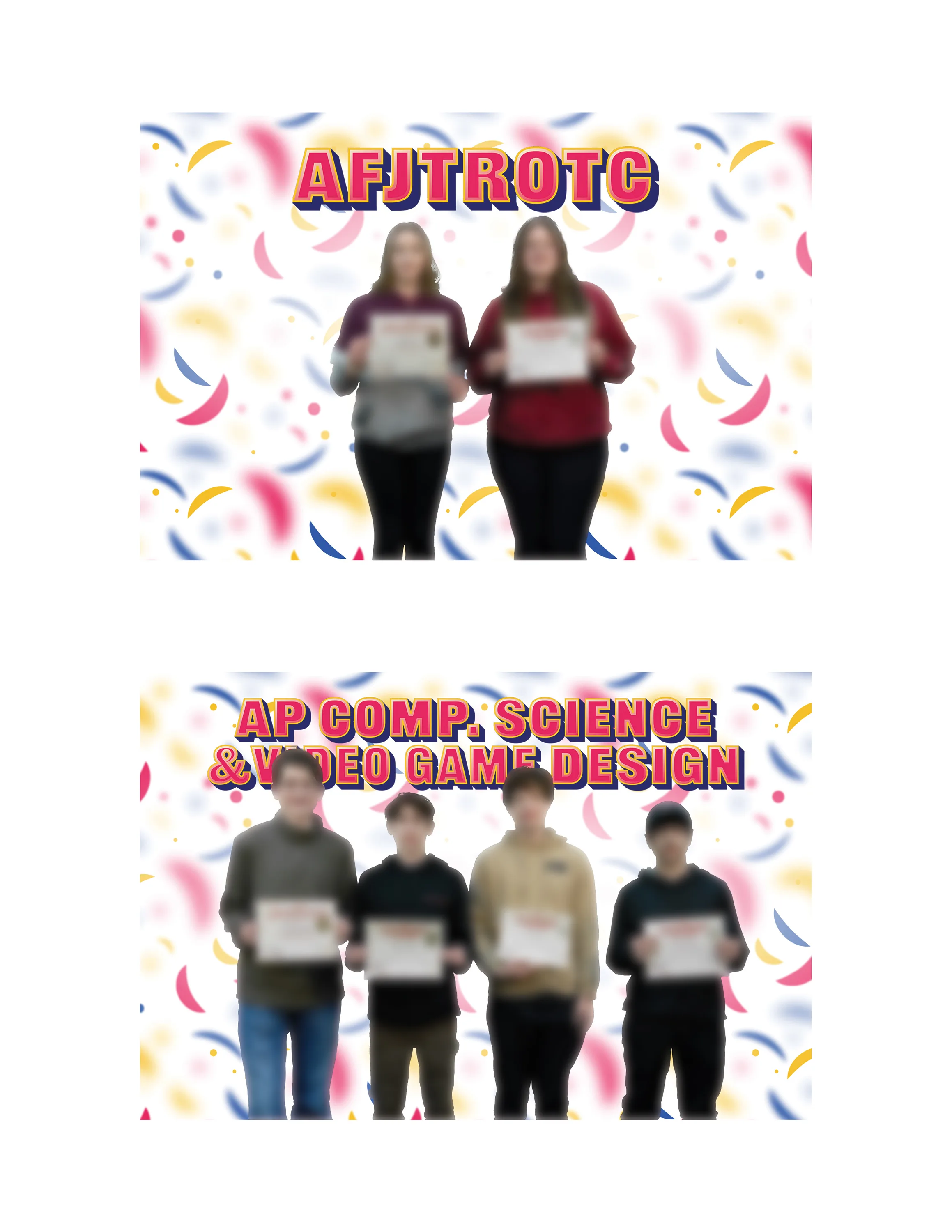 Two finished boards, one lettered AFJTROTC and one AP Comp. Science and Video Game Design, student winners holding certificates on a confetti background with faces blurred.