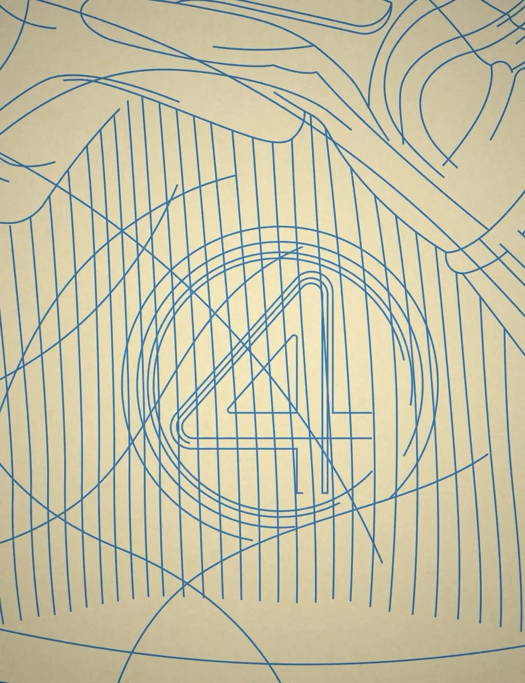 Animation still showing the circled four badge as blue line art only, drawn over a field of fine vertical strokes and loose construction curves on cream.