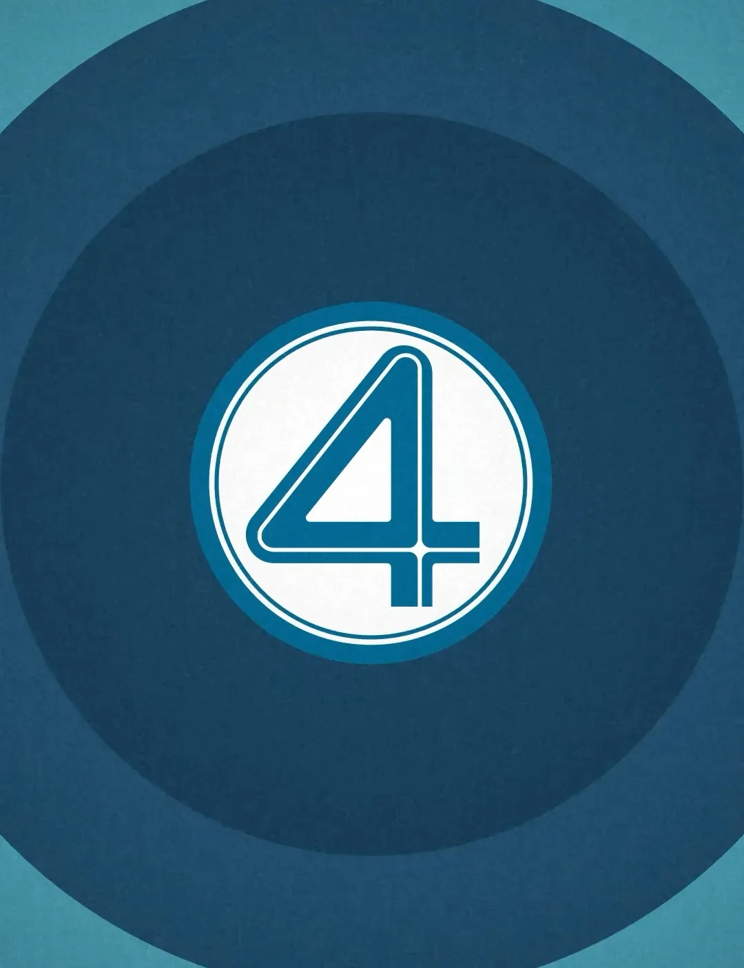 Animation still, the Fantastic Four badge as flat colour, a white circle holding the numeral four inside two concentric blue rings.