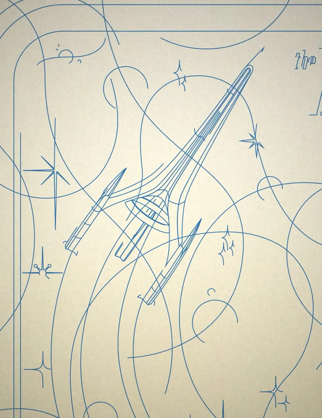 Animation still of the Excelsior spacecraft drawn as blue outlines mid-build, surrounded by construction curves and small starburst marks on cream.
