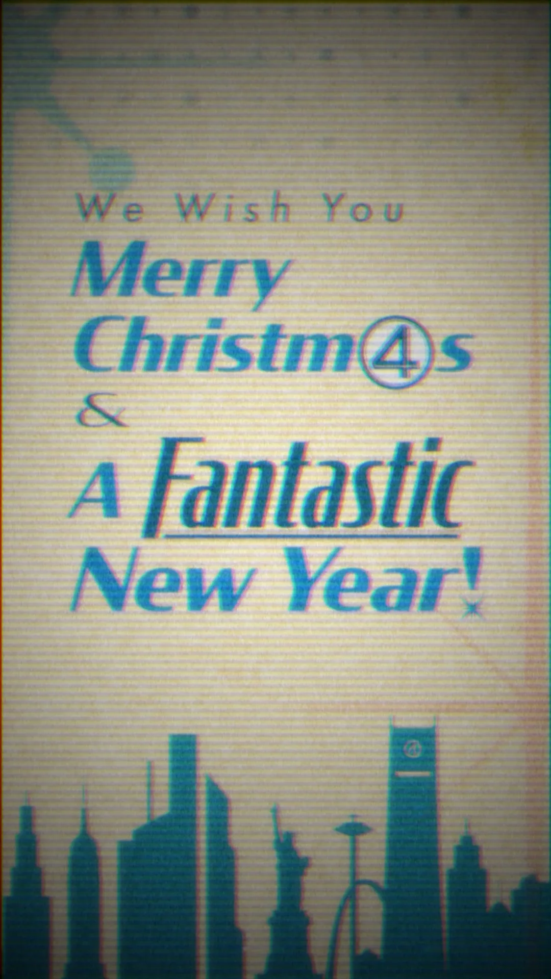 Animation frame lettered We Wish You Merry Christm4s and A Fantastic New Year, the numeral four set inside a circle in place of a letter, above a New York skyline silhouette.