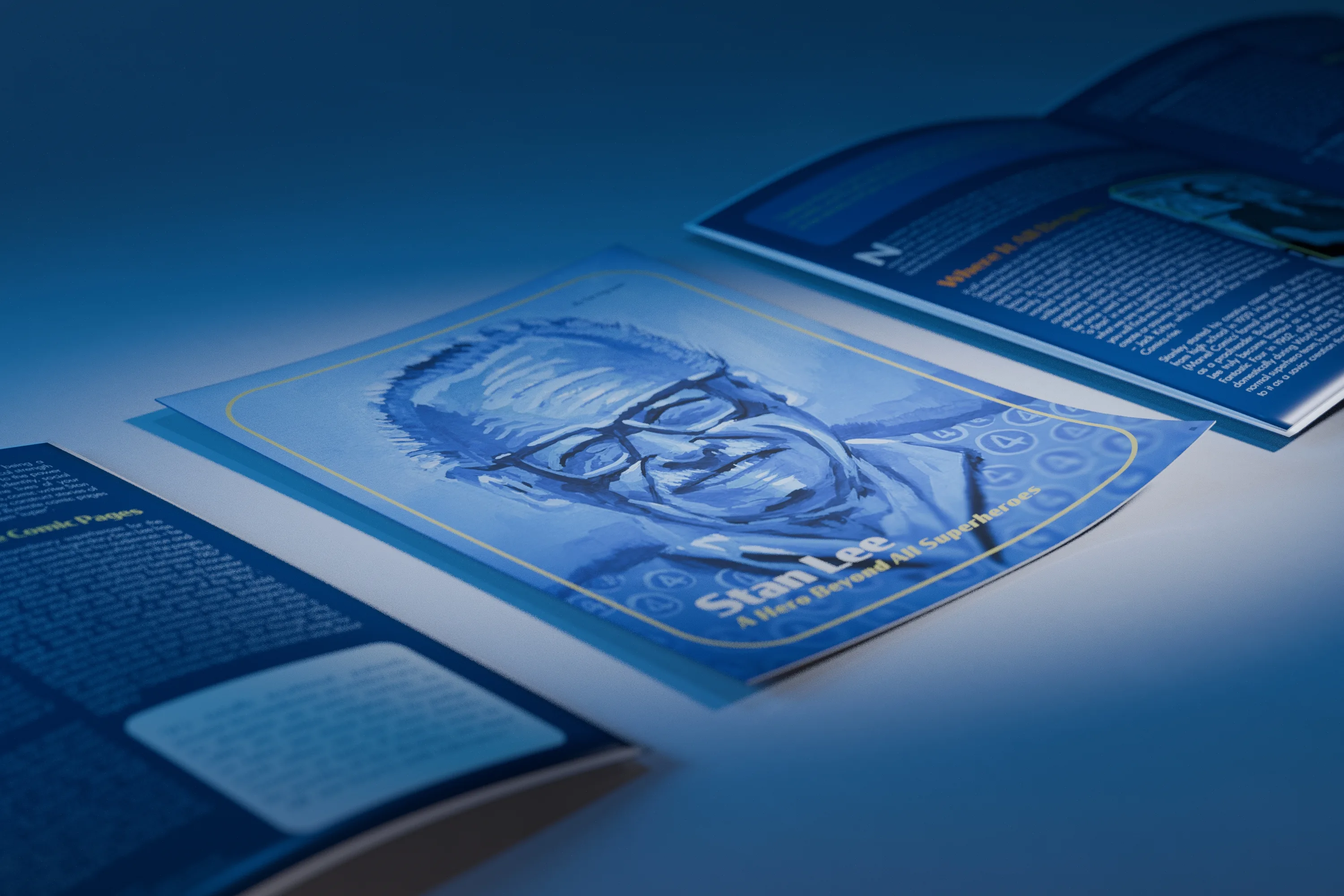 The research paper photographed from the left, the illustrated cover in the centre with open spreads behind and in front of it.