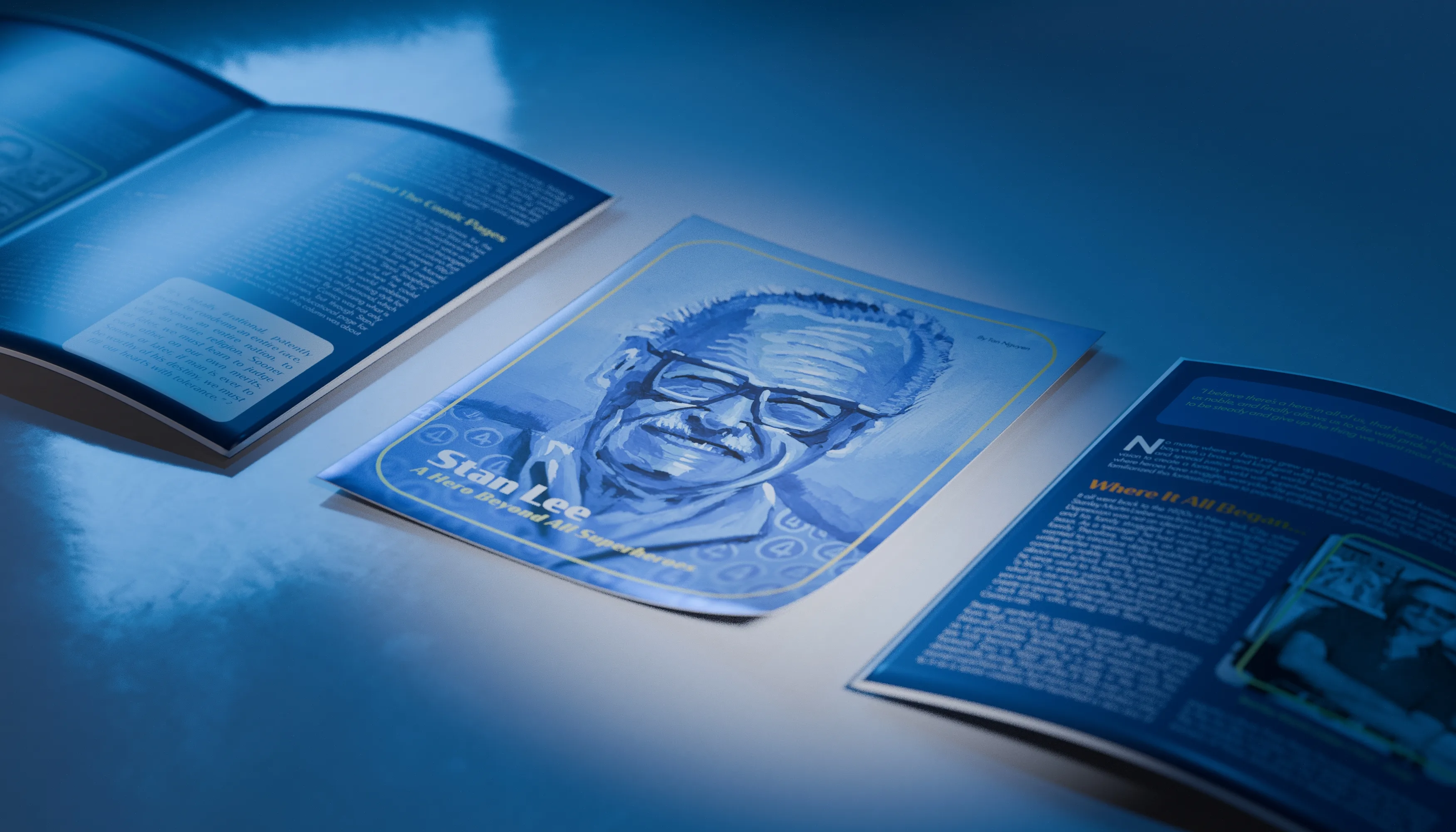 The research paper photographed from the right, the illustrated cover in the centre between two open spreads on a blue surface.