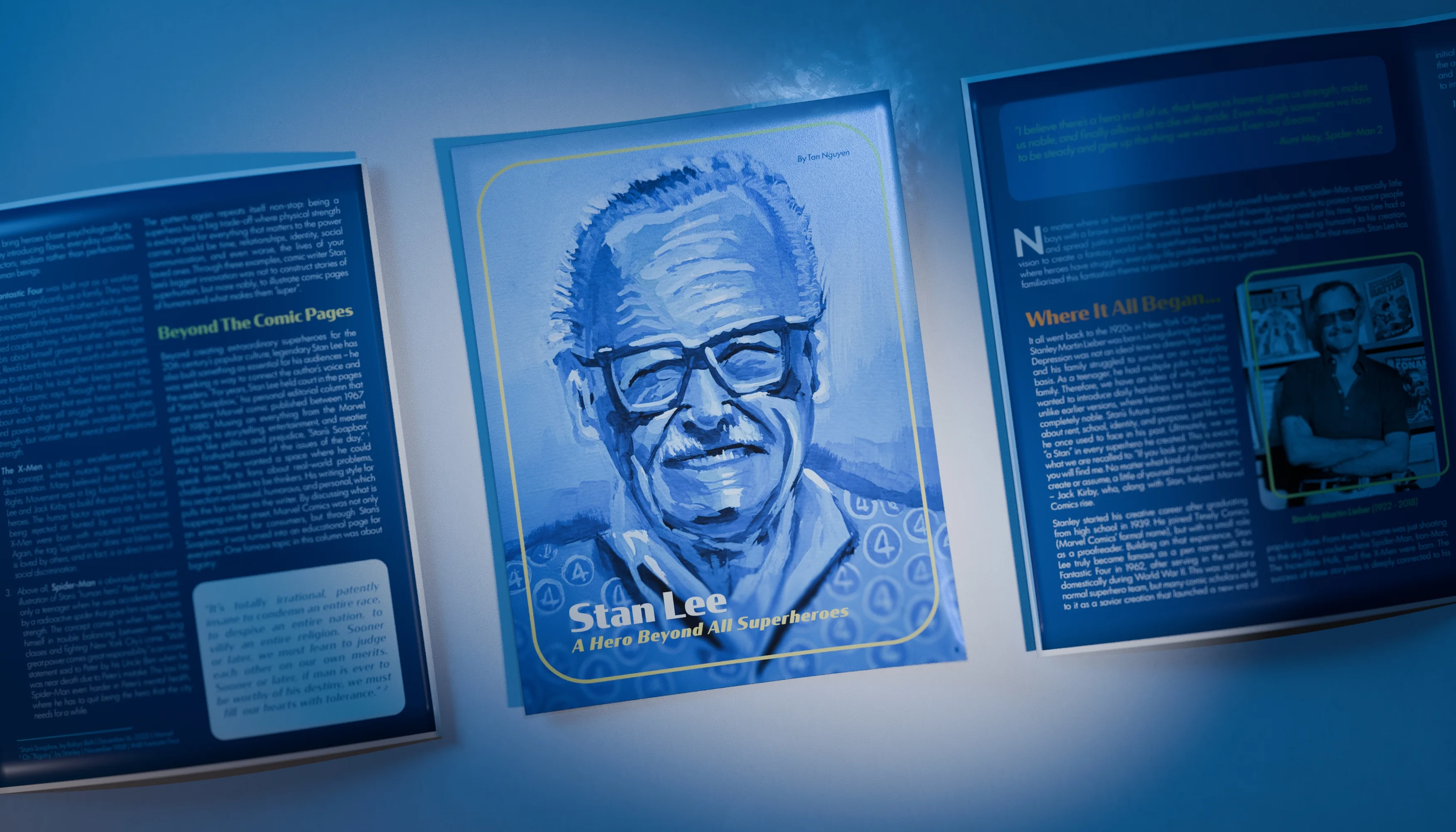 The printed research paper laid out flat, the cover carrying a blue painted portrait of Stan Lee smiling in his glasses inside a gold keyline, with interior pages either side.