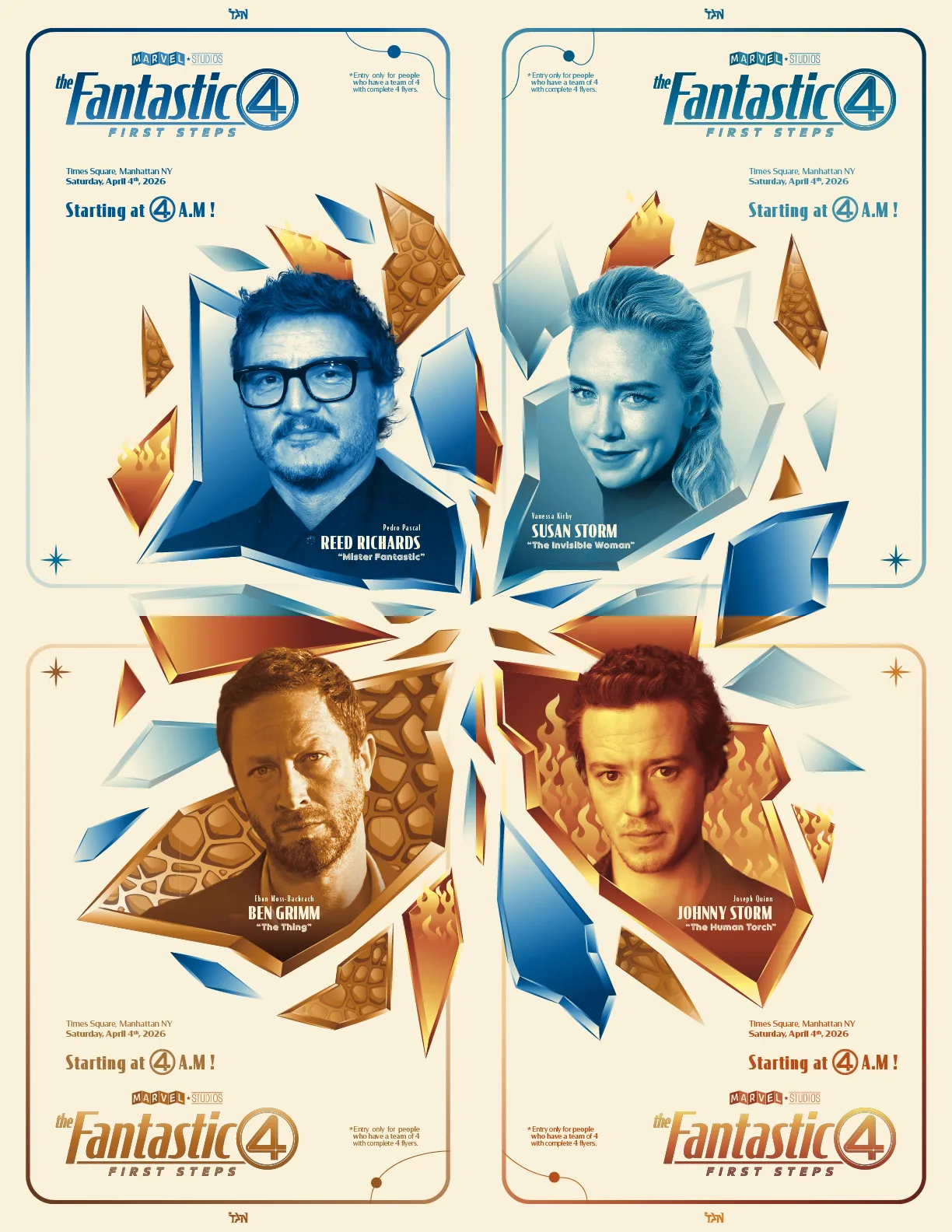 Four Fantastic Four First Steps flyers arranged in a two by two grid on cream, their shattered blue glass, orange rock and flame shards meeting in a single burst at the centre.