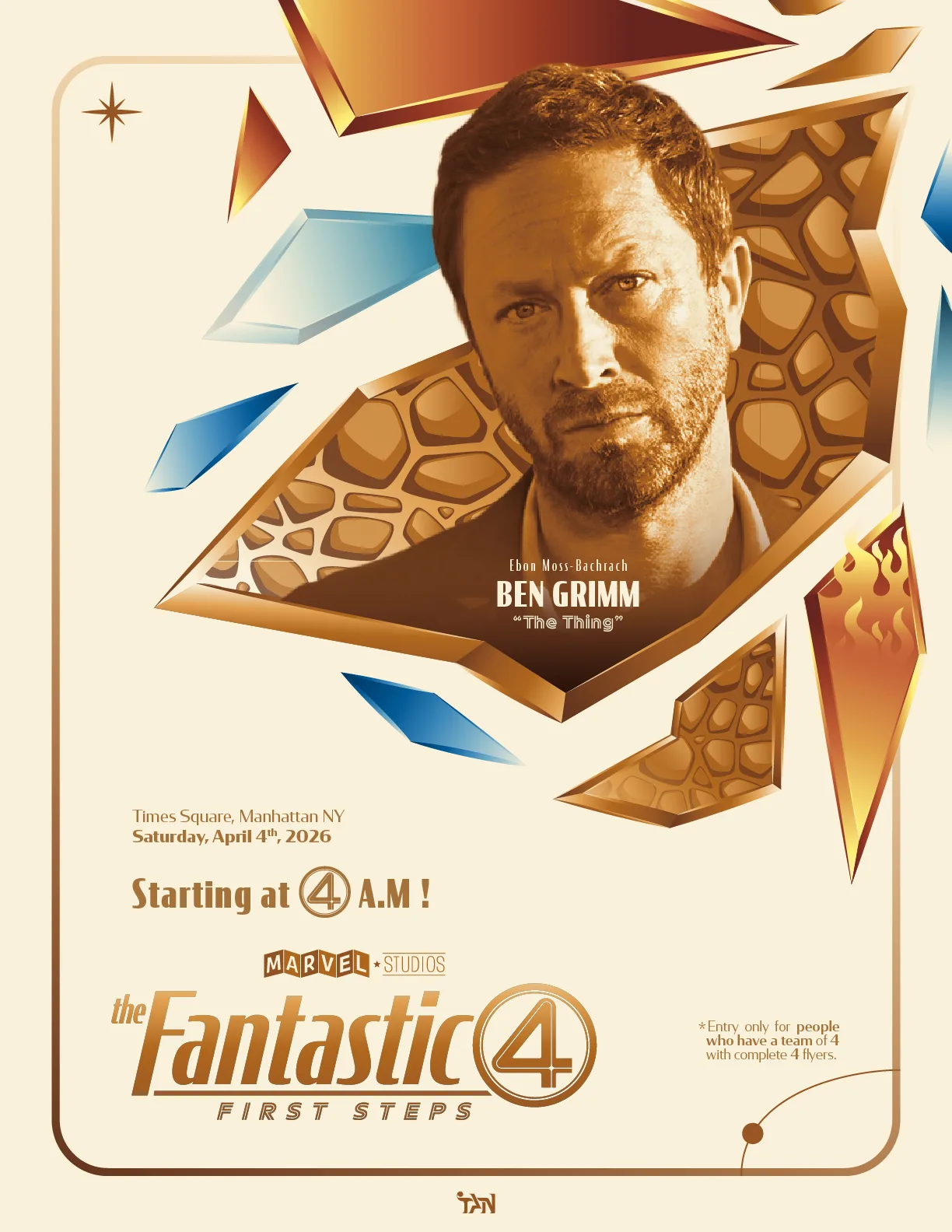 Event flyer on cream with an orange-toned portrait of Ebon Moss-Bachrach as Ben Grimm, The Thing, set into plates of orange rock among blue glass and flame shards.