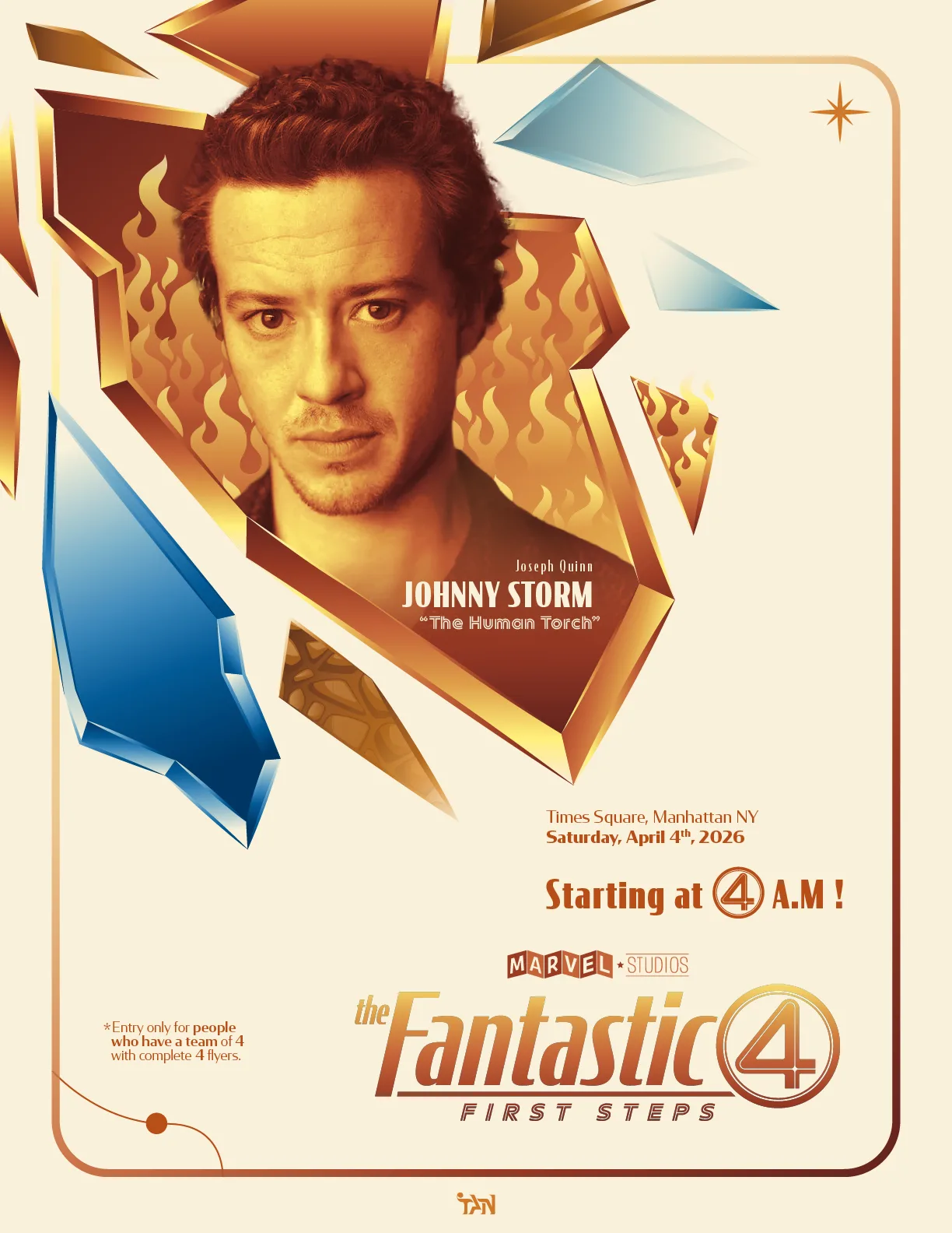 Event flyer on cream with a warm portrait of Joseph Quinn as Johnny Storm, The Human Torch, surrounded by gold flame shapes and shards of blue glass.