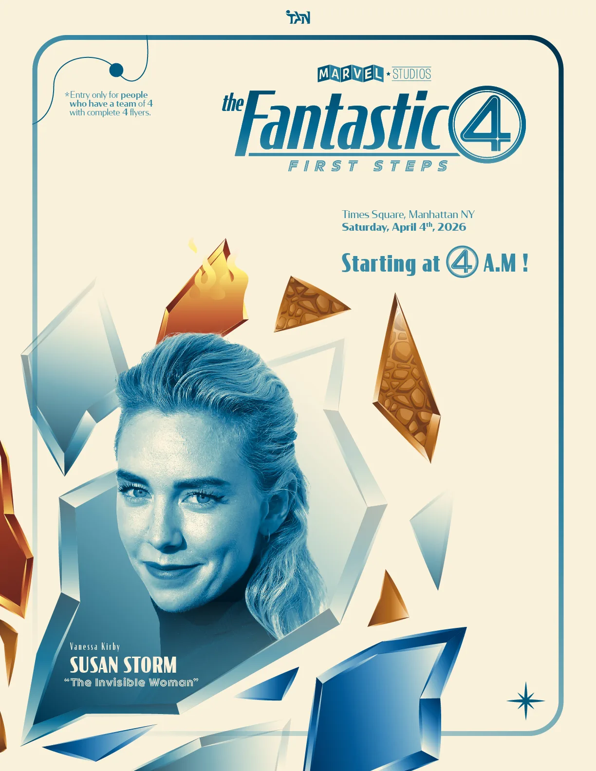 Event flyer on cream, a pale blue portrait of Vanessa Kirby as Susan Storm, The Invisible Woman, set inside shards of cracked ice-blue glass with orange rock and flame fragments.