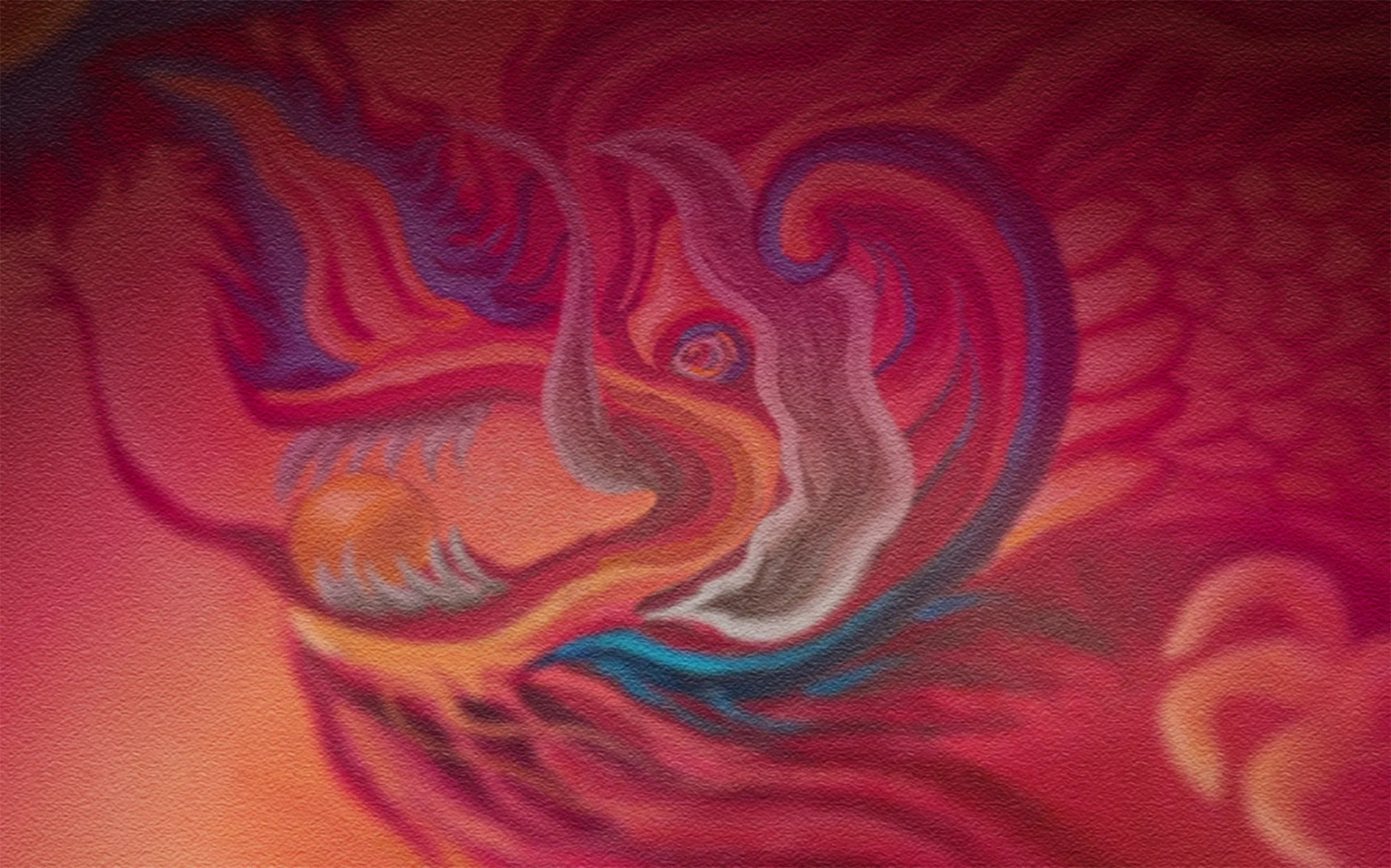 A fancy Eastern dragon head on a background in a color palette of red, yellow, blue.