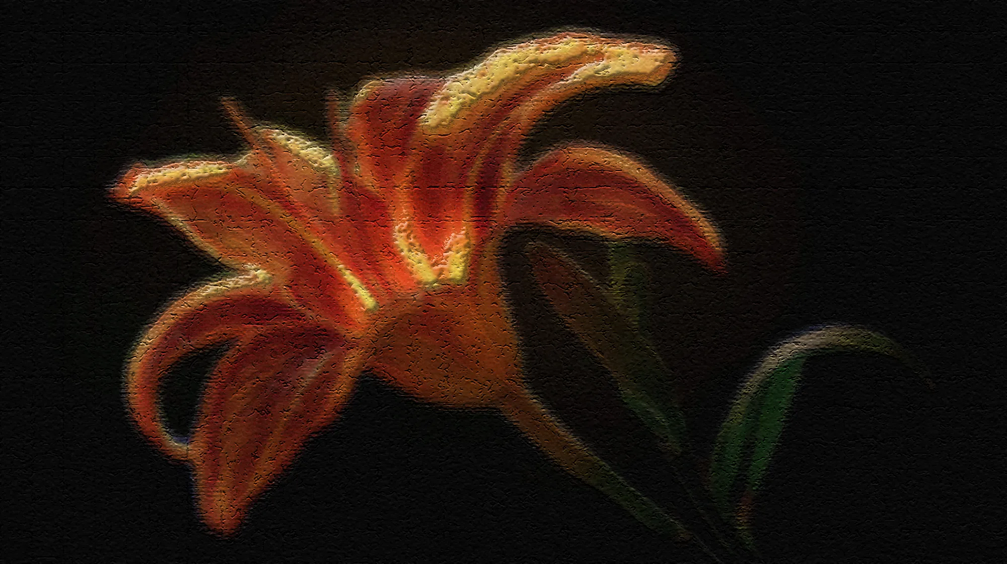 This image features a vibrant orange and yellow lily with a textured, almost painted appearance, set against a dark background.