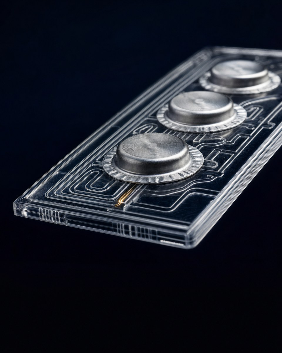 Reagent blisters heat-sealed to a clear microfluidic diagnostic cartridge.