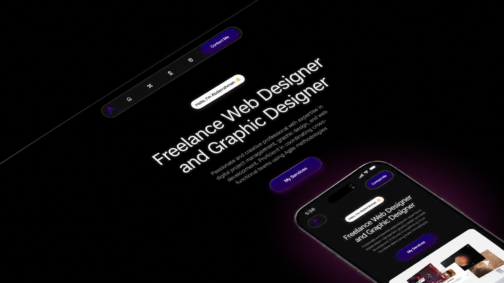 Page d'accueil de designer web freelance et graphiste sur écran d'ordinateur et smartphone noirs.