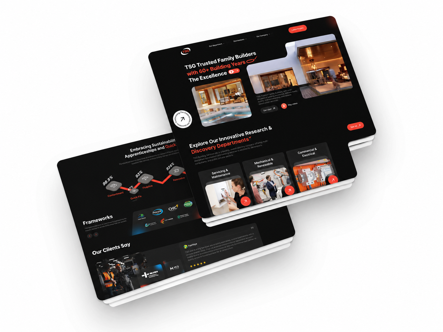 Capture d'écran du site TSG avec sections sur la construction, services et avis clients.