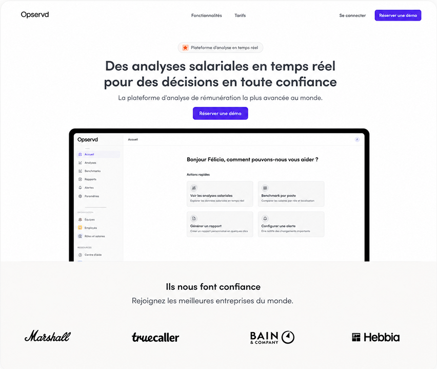 Page d'accueil Opservd montrant une plateforme d'analyses salariales en temps réel avec logos clients en bas.
