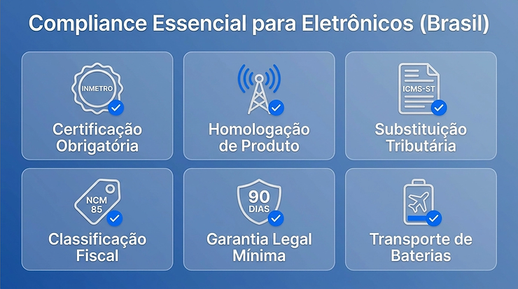 Lista Eletrônica de Conformidade (INMETRO / ANATEL / ICMS-ST / NCM / Garantia / UN38.3)