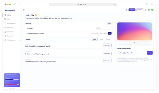 Vocol.AI, software for Voice Collaboration home page UI.