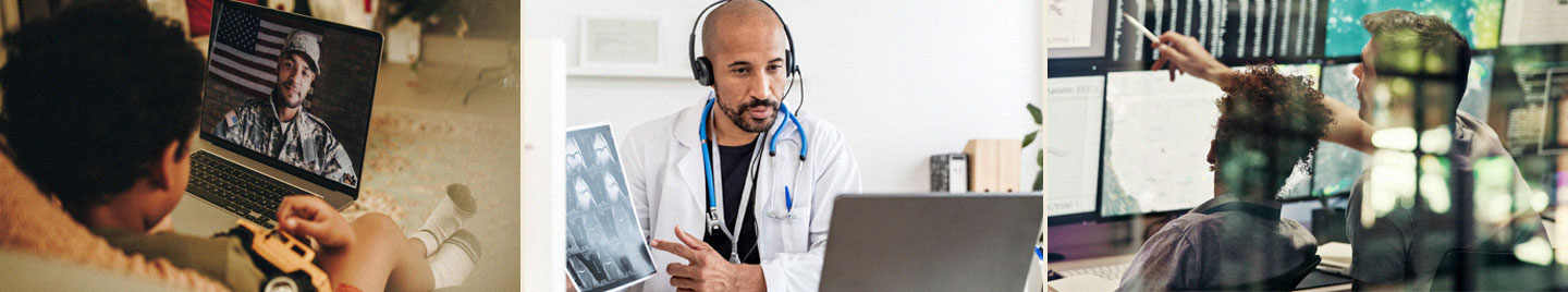 A child video-calls a parent, a doctor reviews medical imaging, and analysts monitor weather systems.