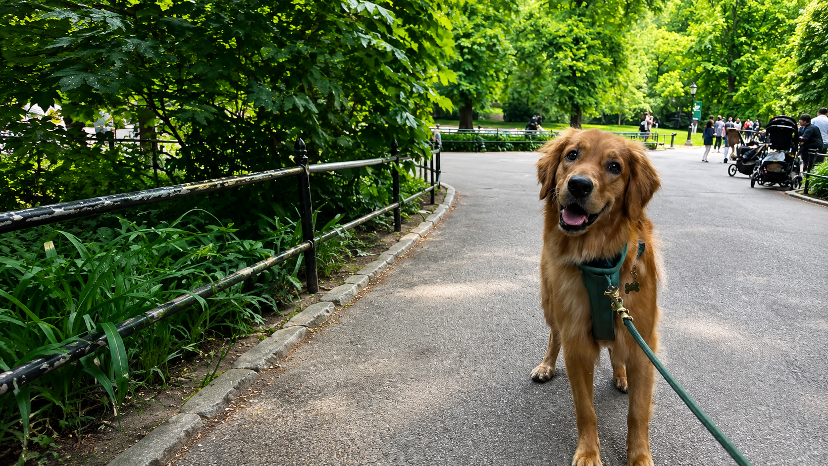 A golden retriever on a leashed Waving Paws walk along a Central Park path