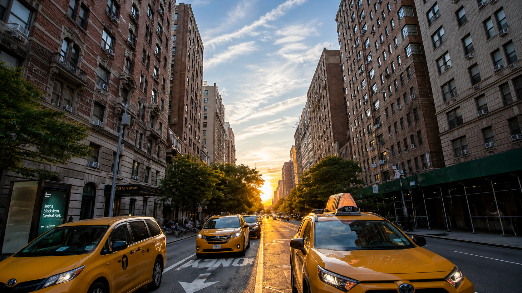 Sunset lighting up a Manhattan avenue at golden hour