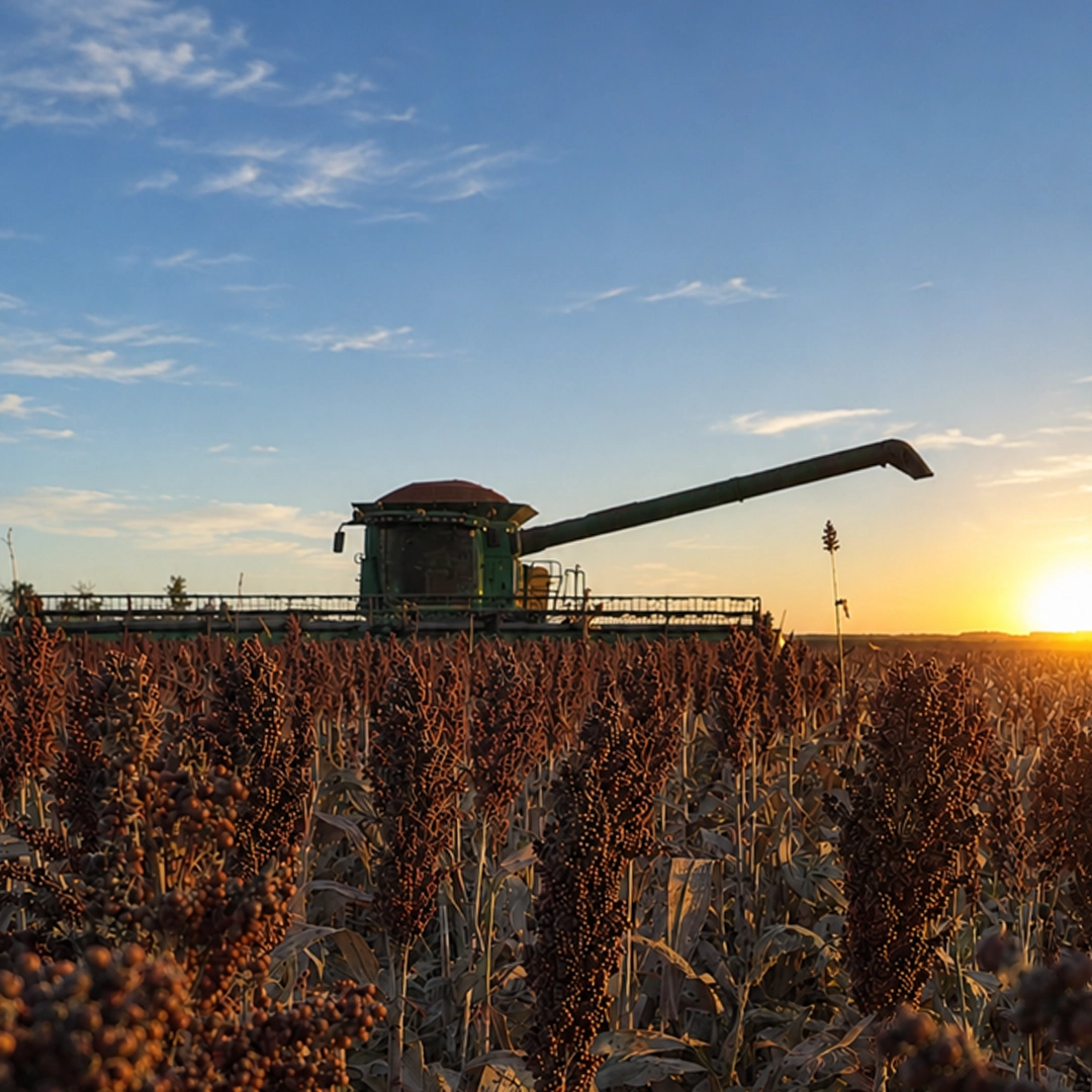 Combine harvester working a grain crop at sunset, NT Broadacre grain harvest contractor