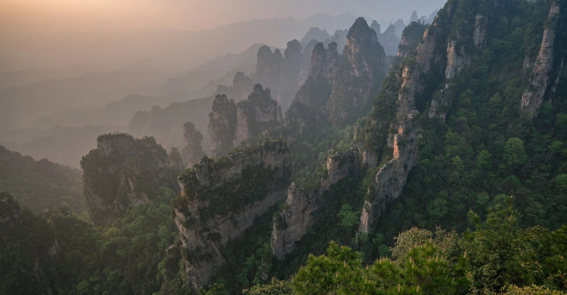 Aerial view of mountain ridges and valleys in Wulingyuan