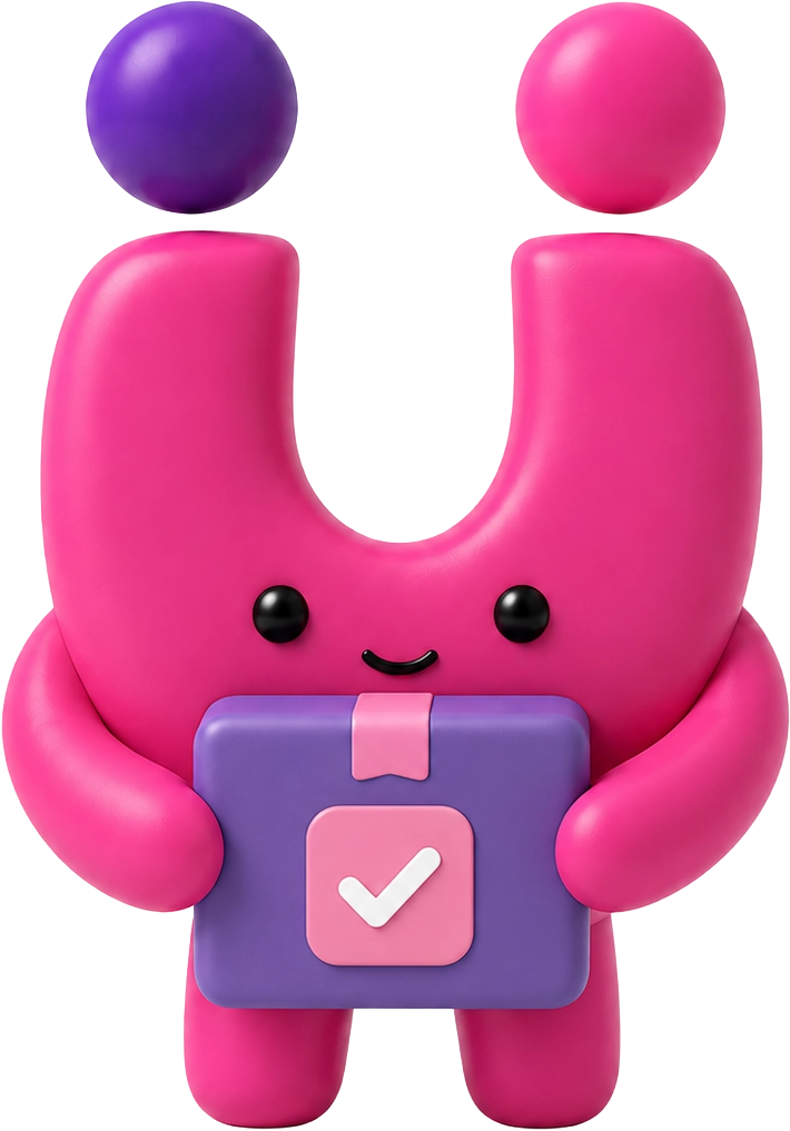 Slidesignus character design icon with a purple sphere head holds a purple box with a pink checkmark label.