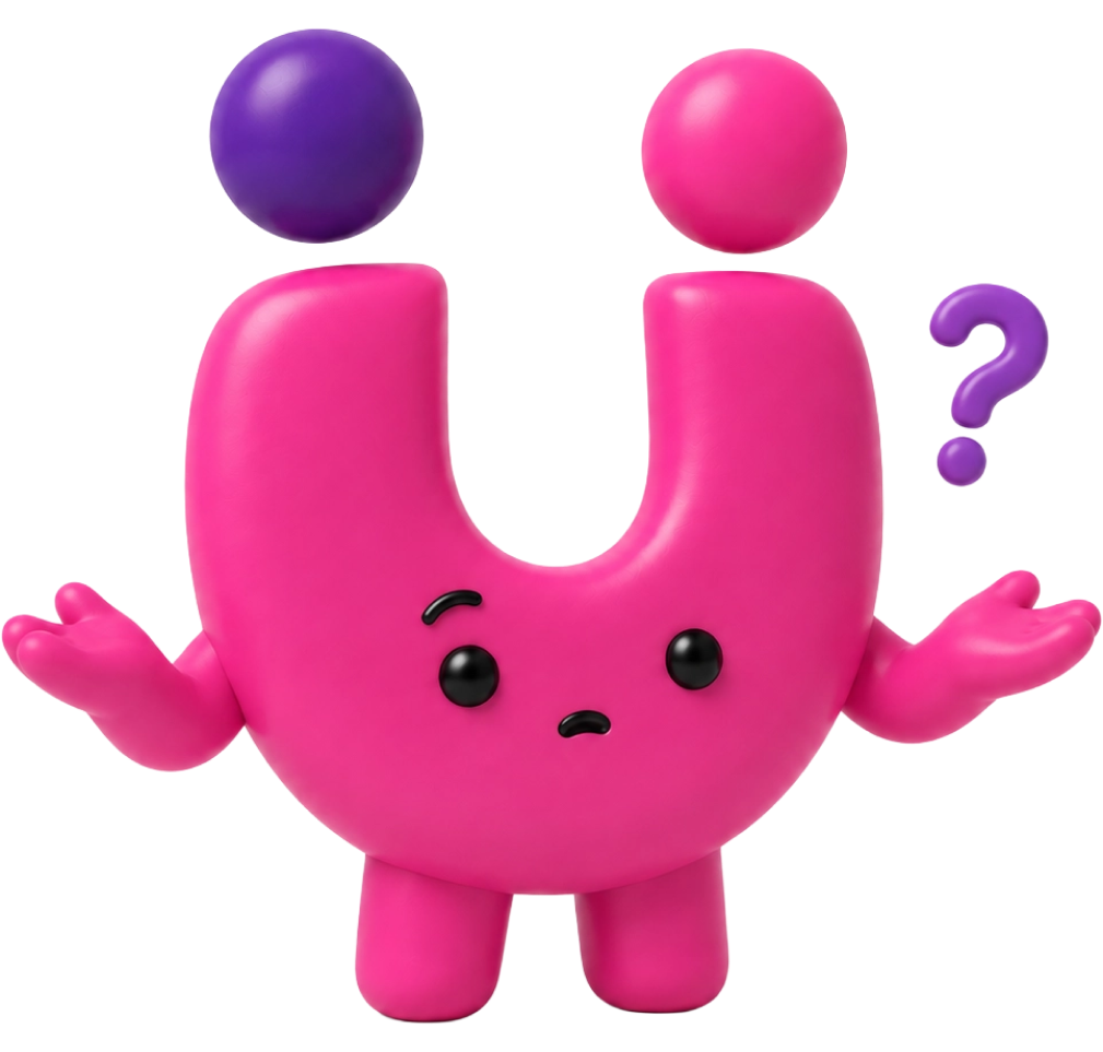 Slidesignus character design icon shaped like letter U with purple dot, confused expression