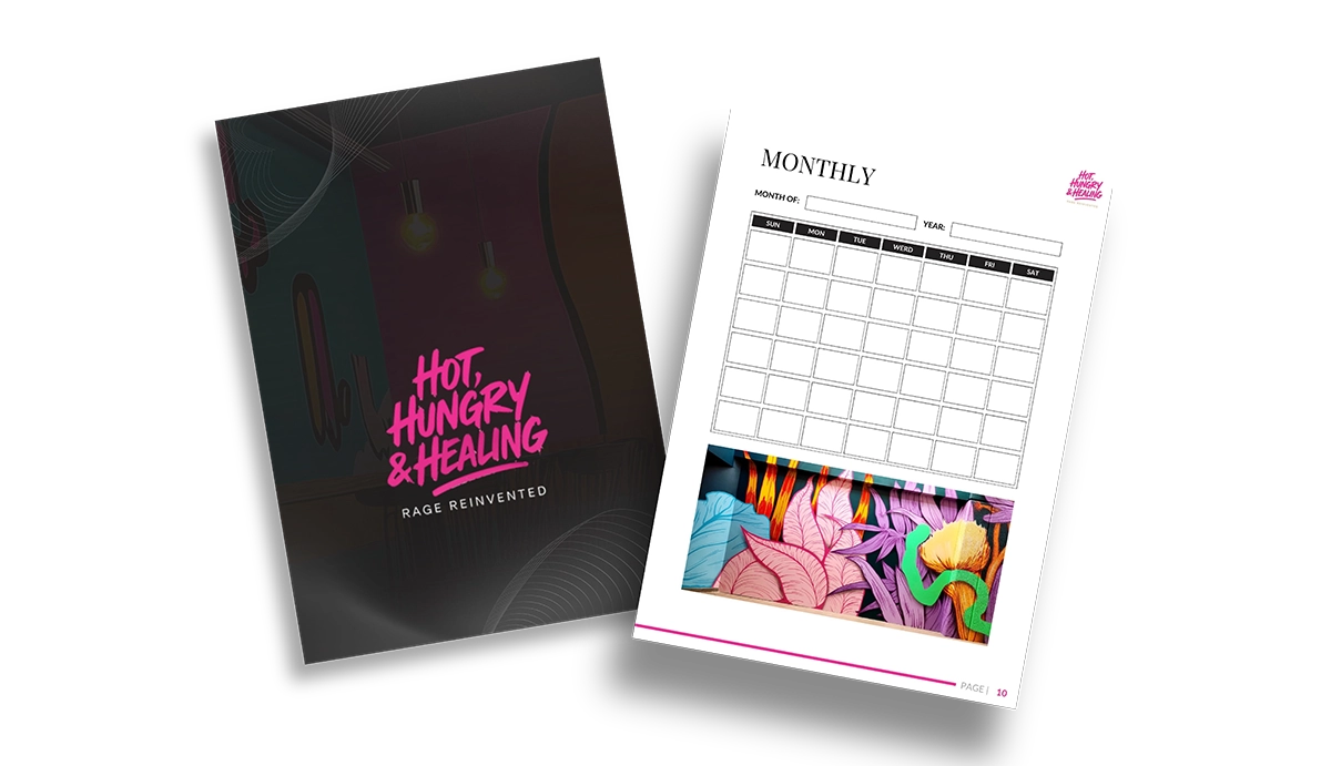 Monthly calendar template beside a cover page with 'Hot, Hungry & Healing' text in pink on dark background.