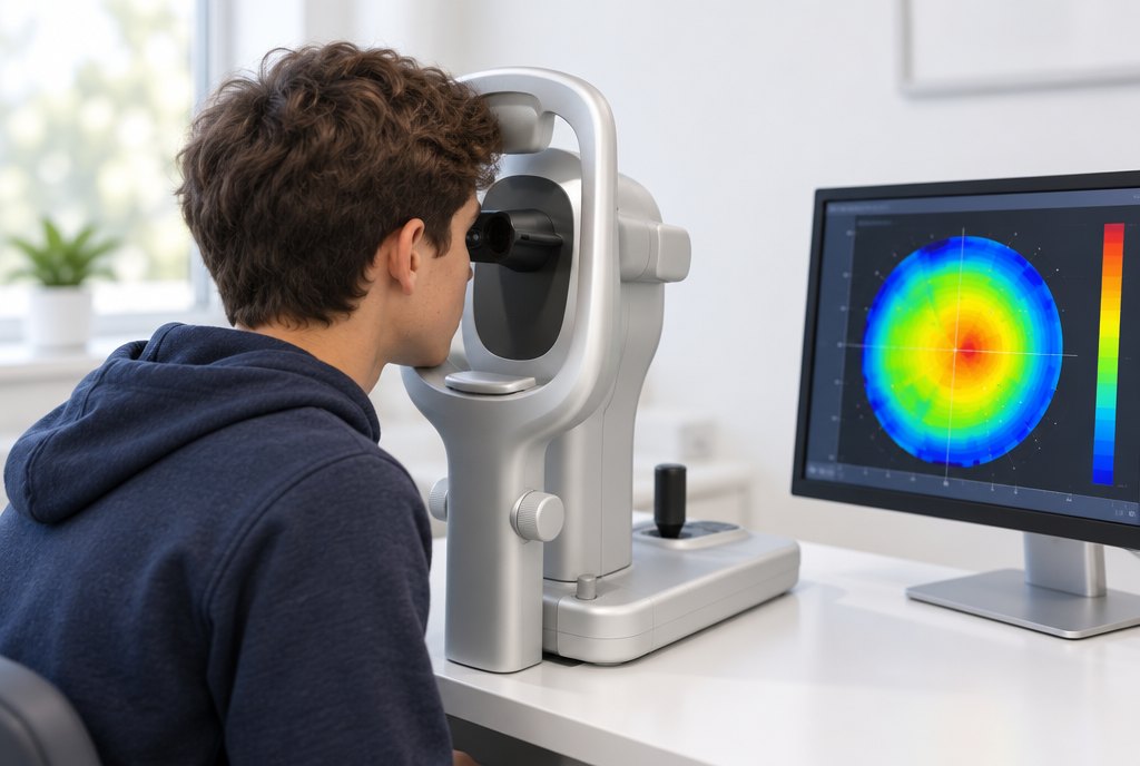 Illustrative image of a teenager having a corneal topography scan, with a corneal map on screen