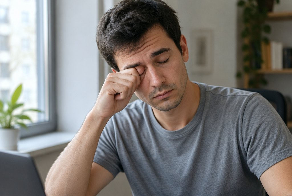 Illustrative image of a man rubbing his eye with a knuckle