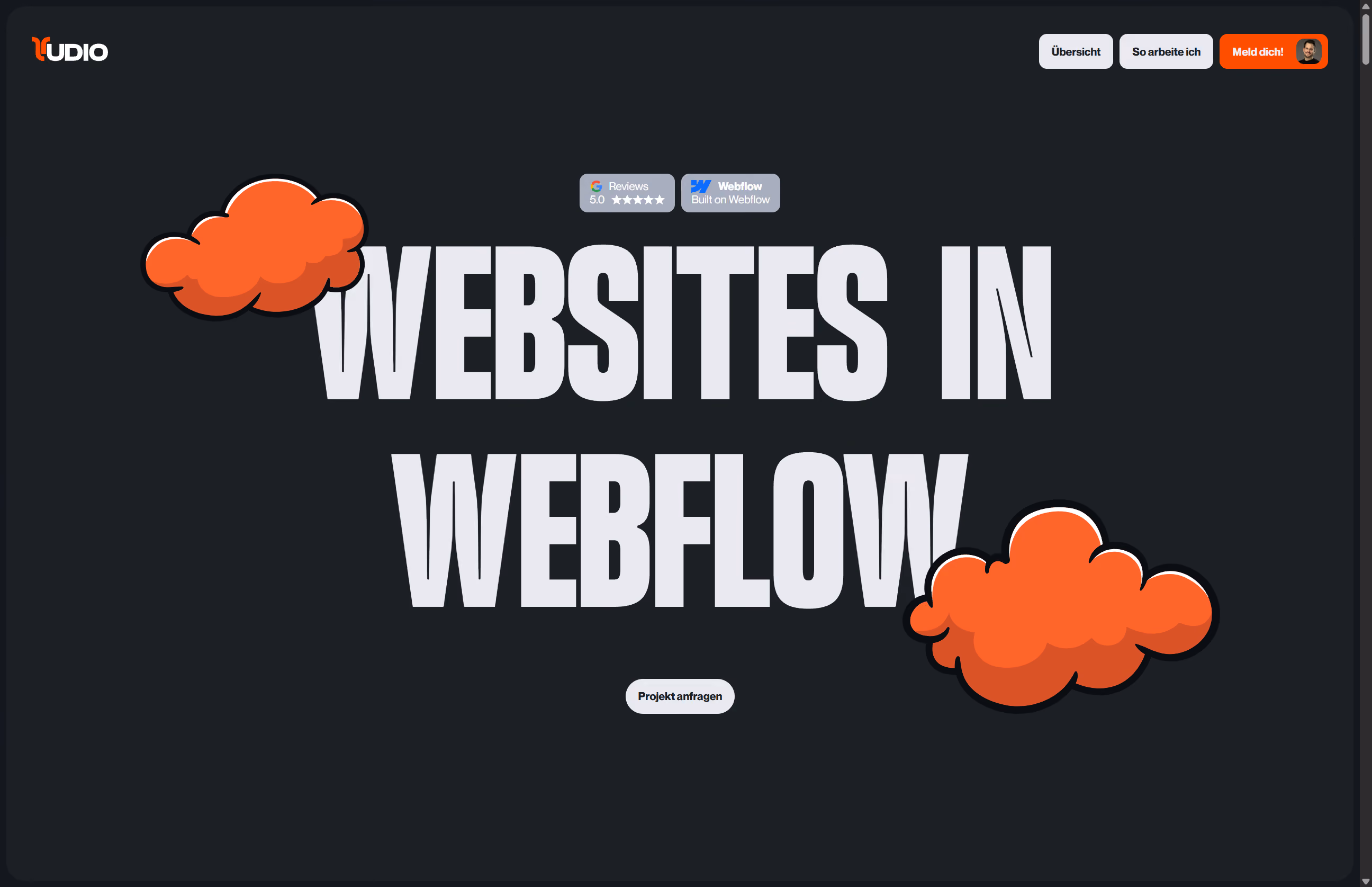 ST-UDIO Website Version 2 – „Websites in Webflow" mit orangenen 3D-Wolken