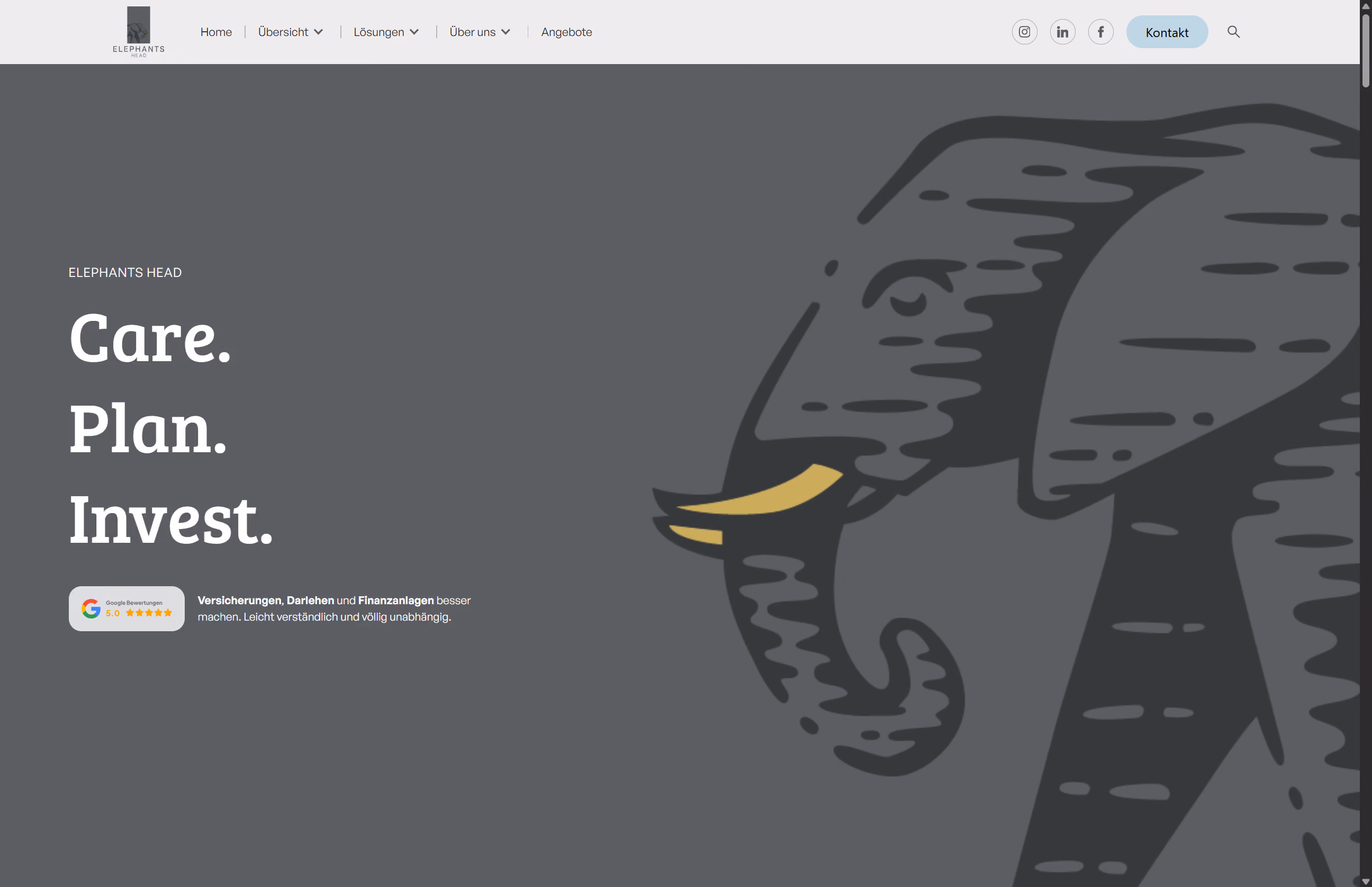 Website für Elephants Head – Finanzplanung mit Elefanten-Illustration und Claim „Care. Plan. Invest."