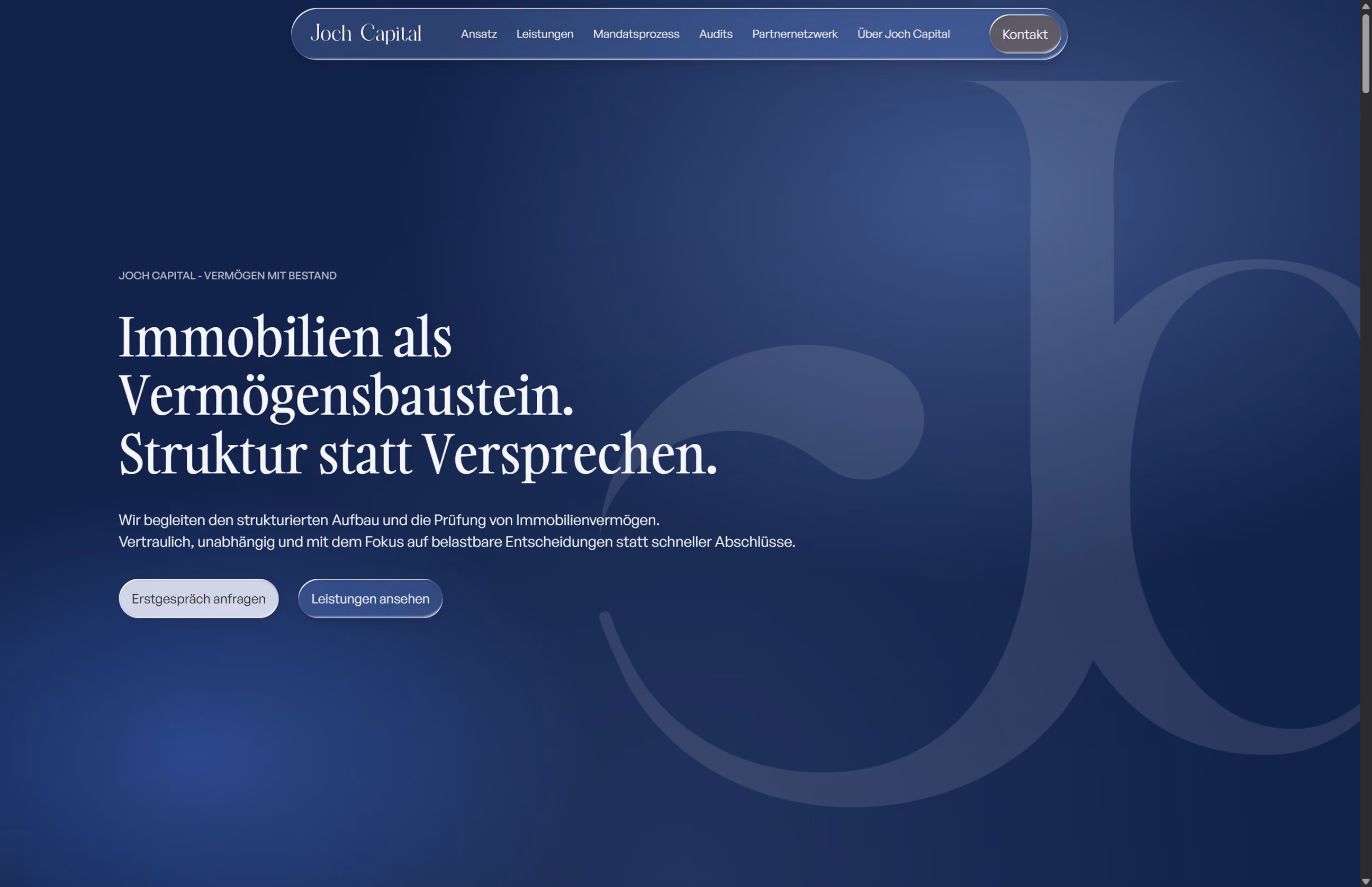 Website für Joch Capital – Immobilien als Vermögensbaustein, ruhiges Editorial-Design