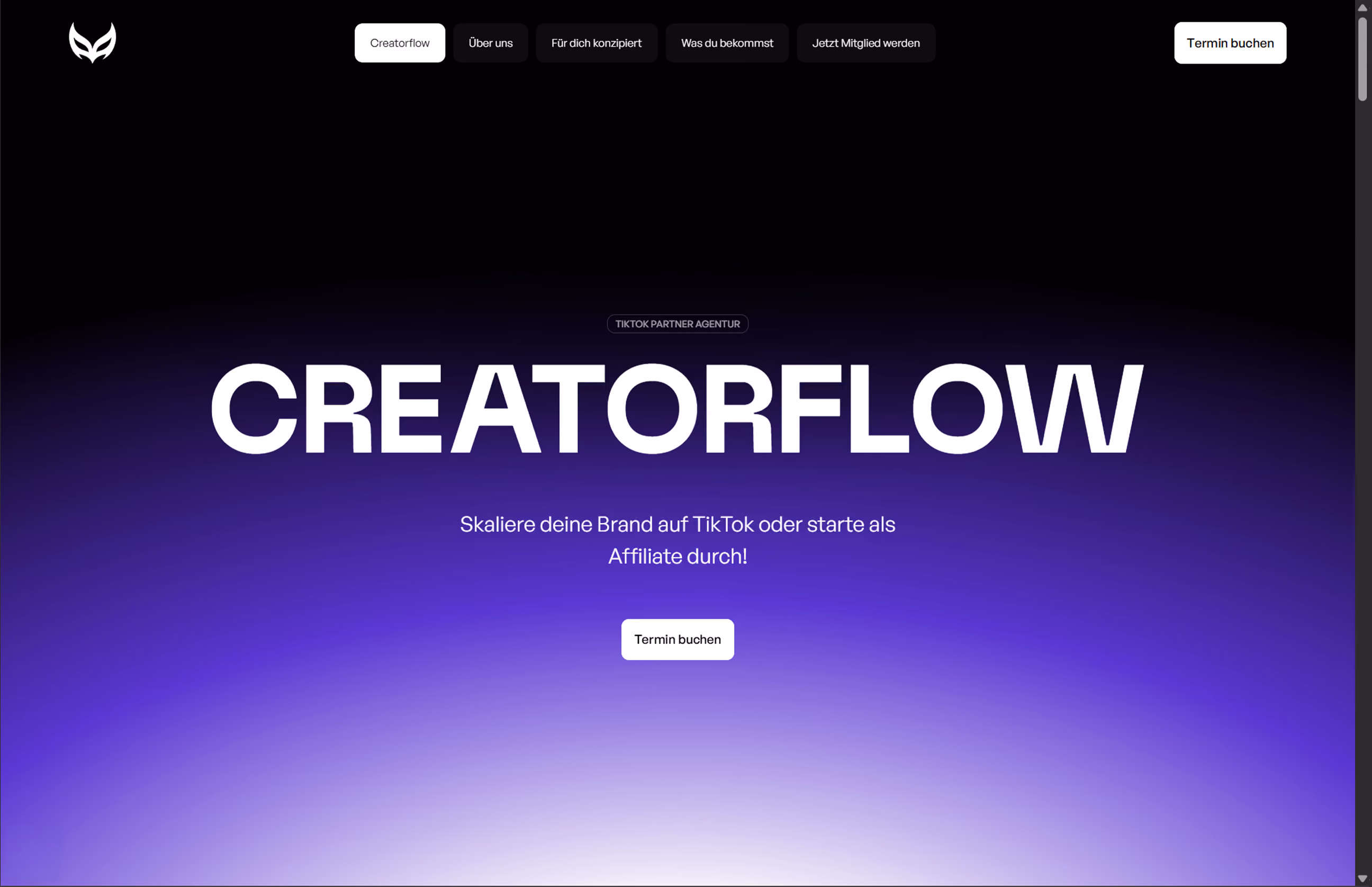Landingpage für Creatorflow, TikTok-Shop-Agentur – dunkler Hero mit Lila-Verlauf