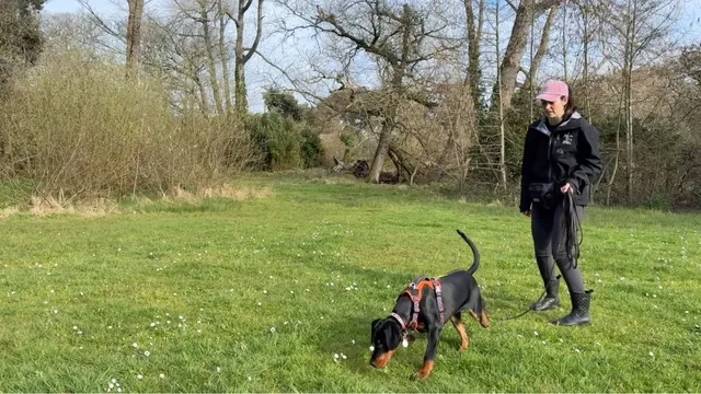 Katie showing how to do the dog focus game outdoors