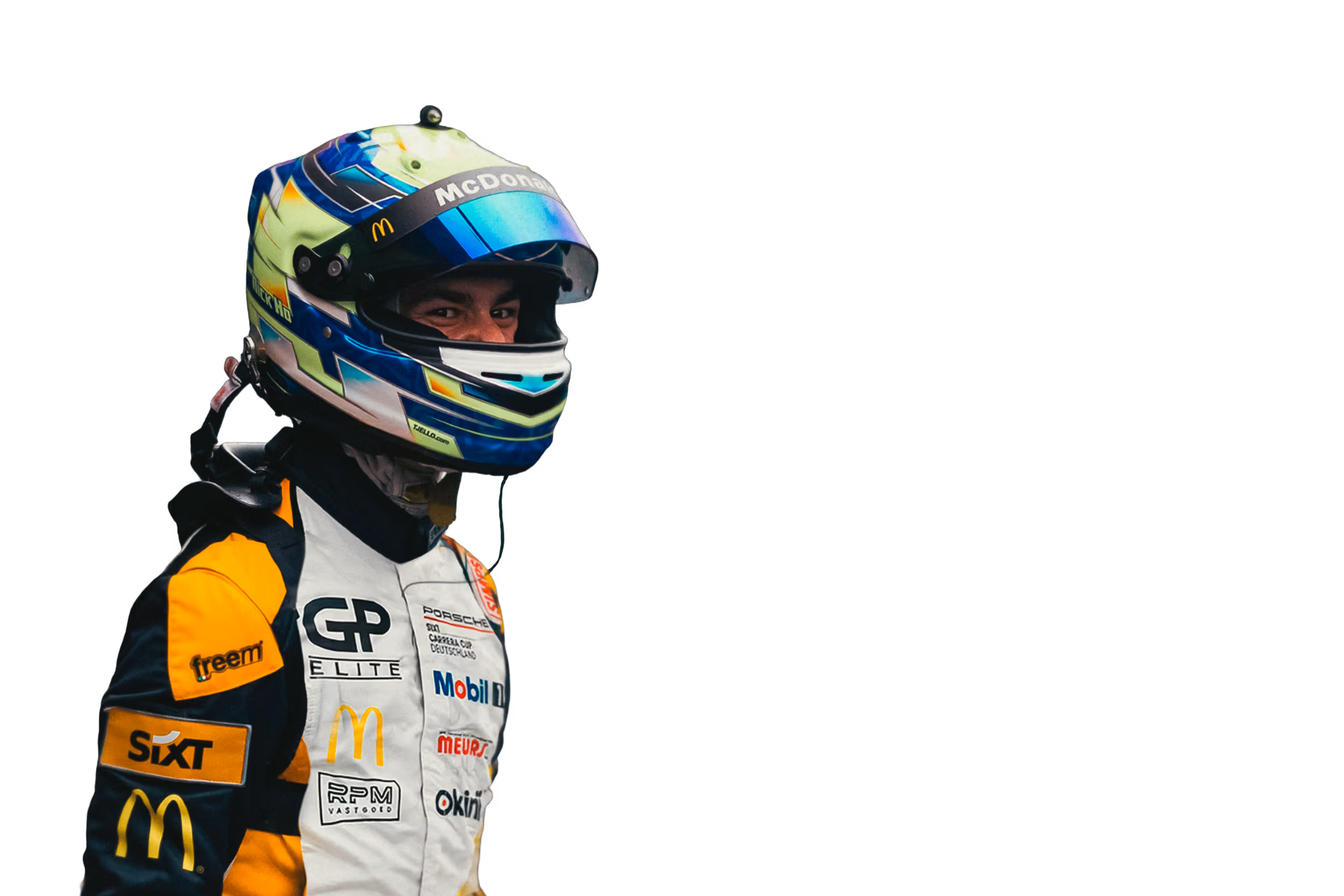 Race car driver wearing yellow, black, and white suit with sponsor logos and a blue helmet.