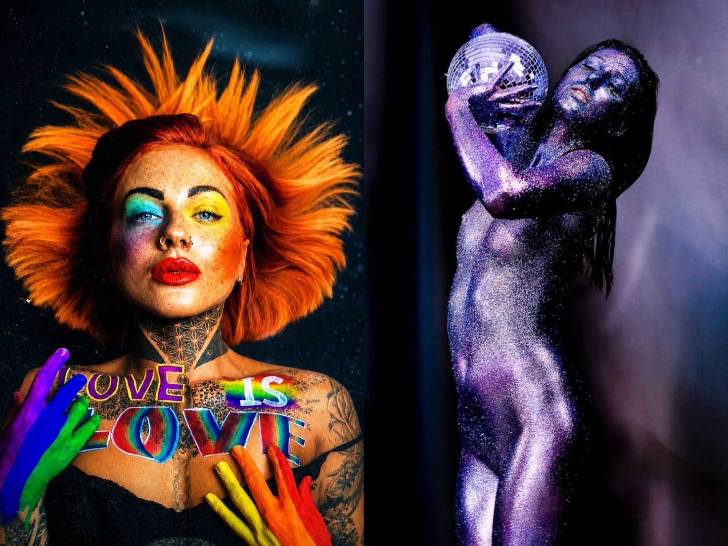 Colourful festival body paint and full glitter body art, for an event