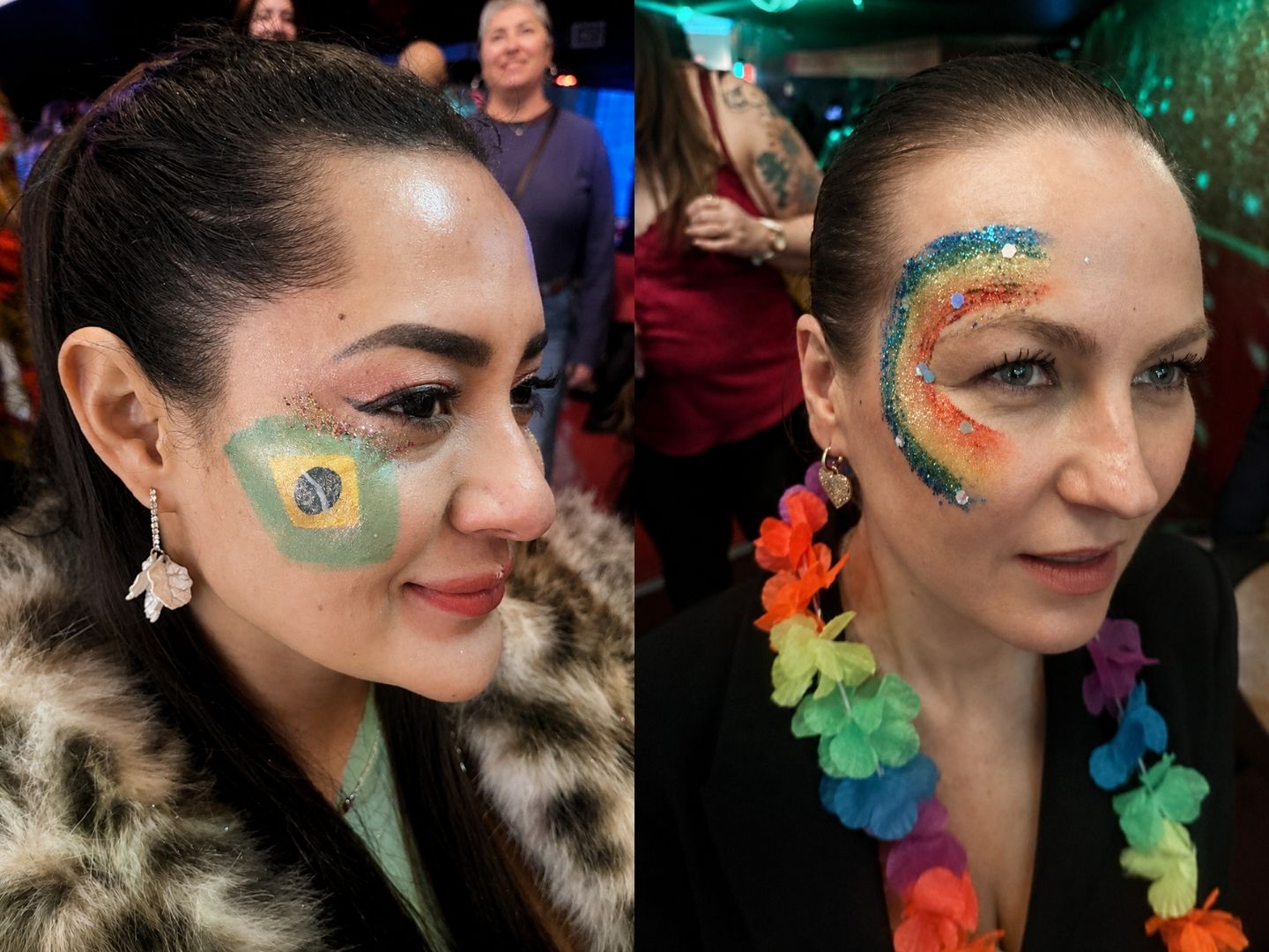 Flag and rainbow glitter face art designs on event guests