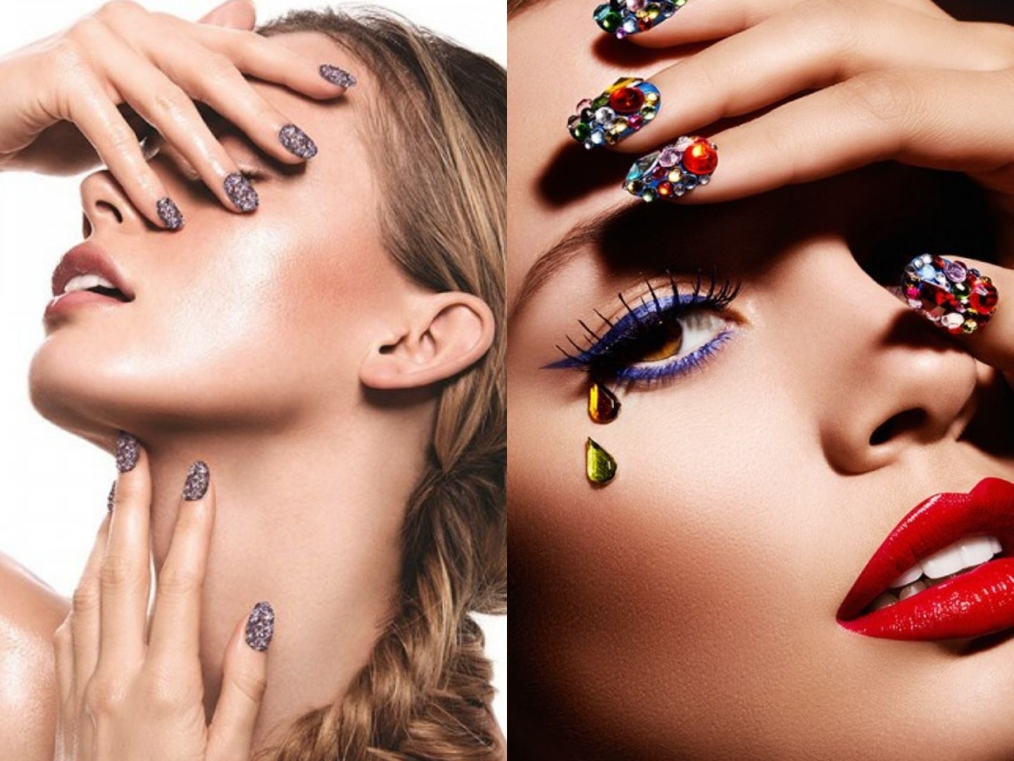 Glitter nail art and rhinestone face gems, editorial beauty styling
