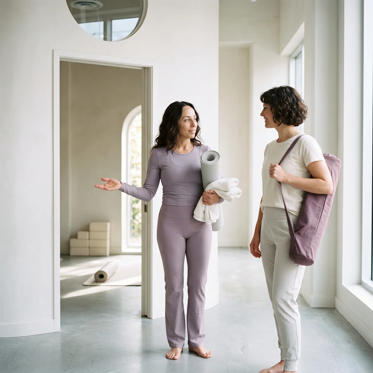 Two women in yoga attire with mats and towel in a bright yoga studio, talking barefoot.