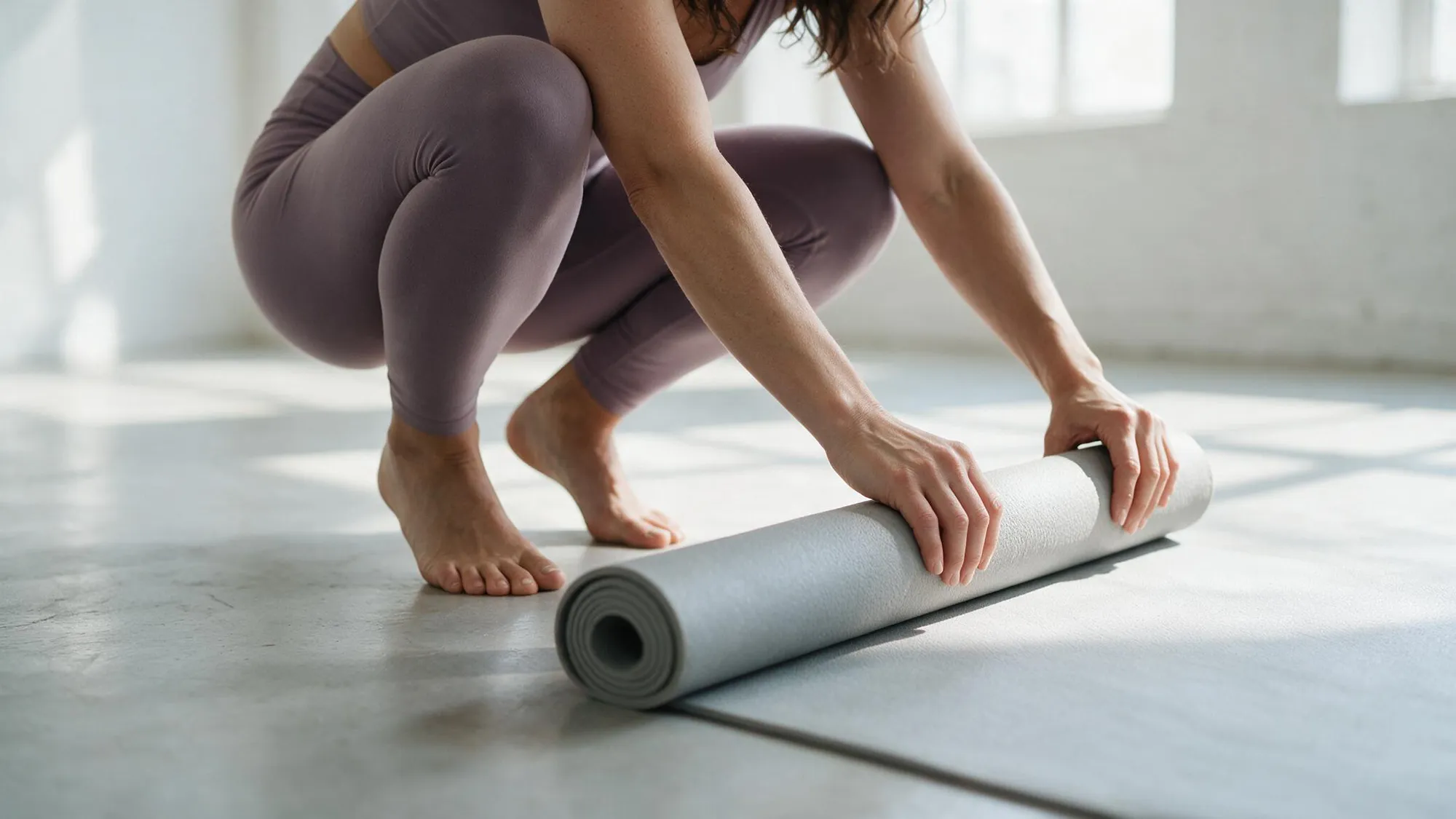Person in purple leggings rolling up a gray yoga mat on a bright floor.