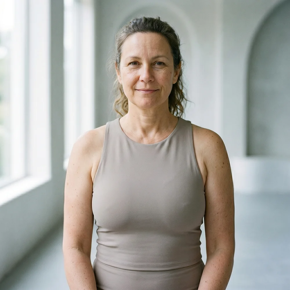 Smiling middle-aged woman in a sleeveless taupe top standing indoors near large windows.