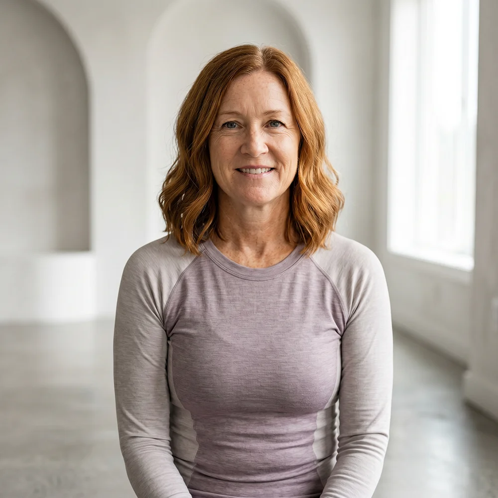 Smiling middle-aged woman with red hair wearing a light purple long-sleeve shirt in a bright room.