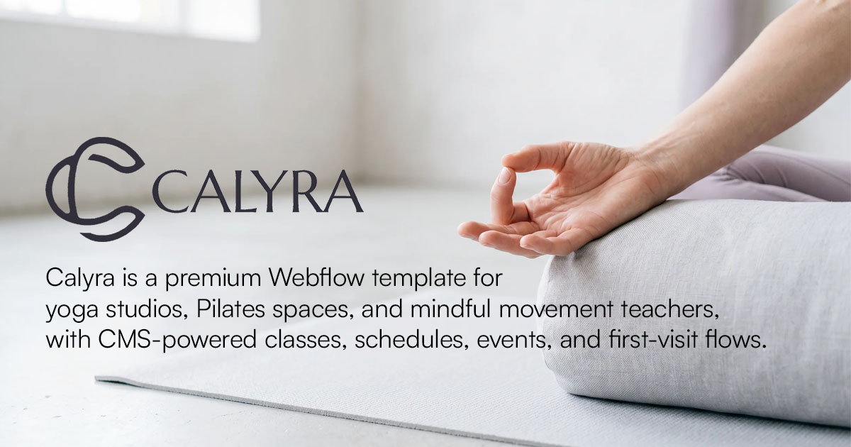 Hand in meditation pose resting on a yoga mat next to the Calyra logo and descriptive text.
