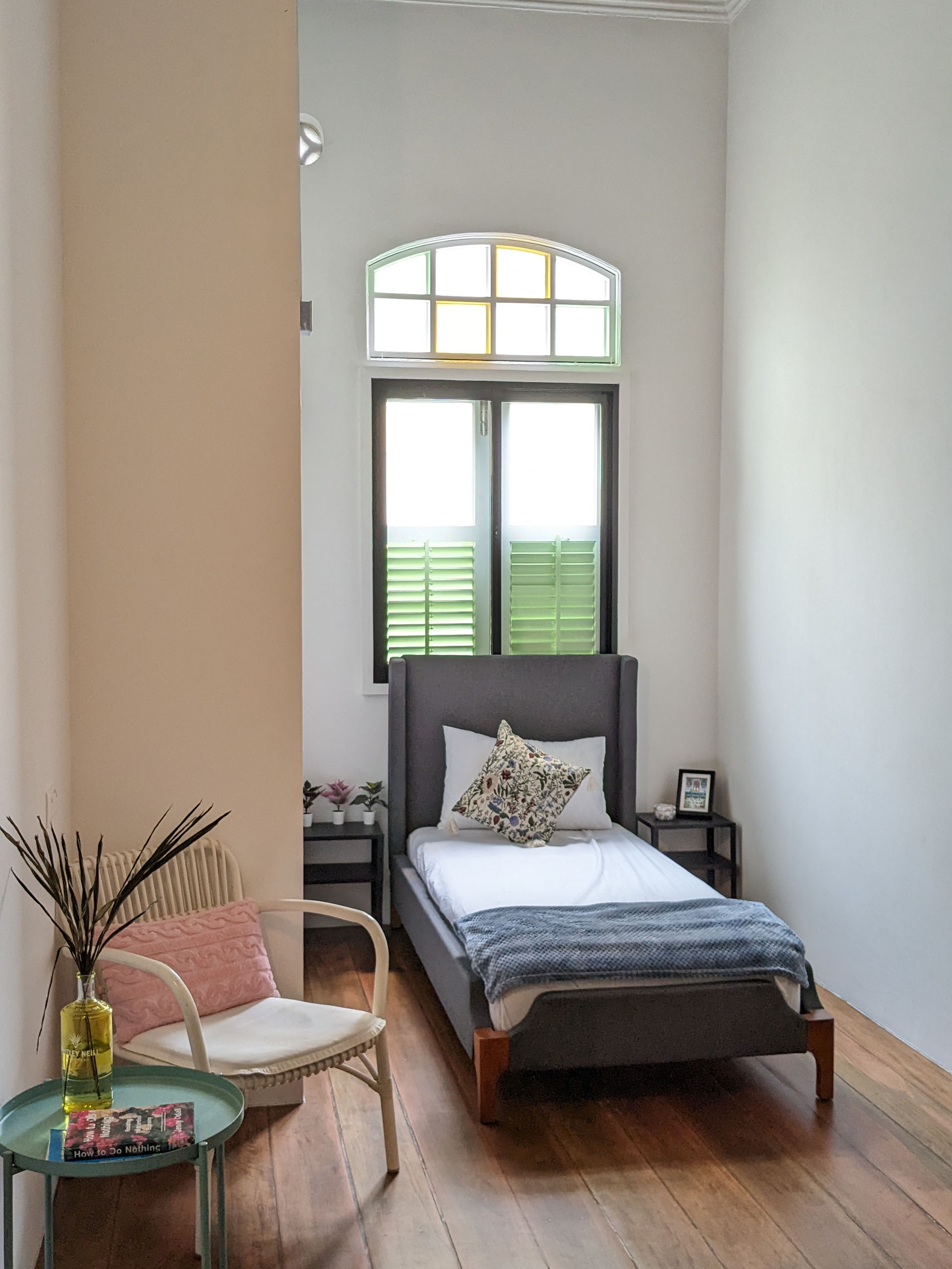 A bed in a room