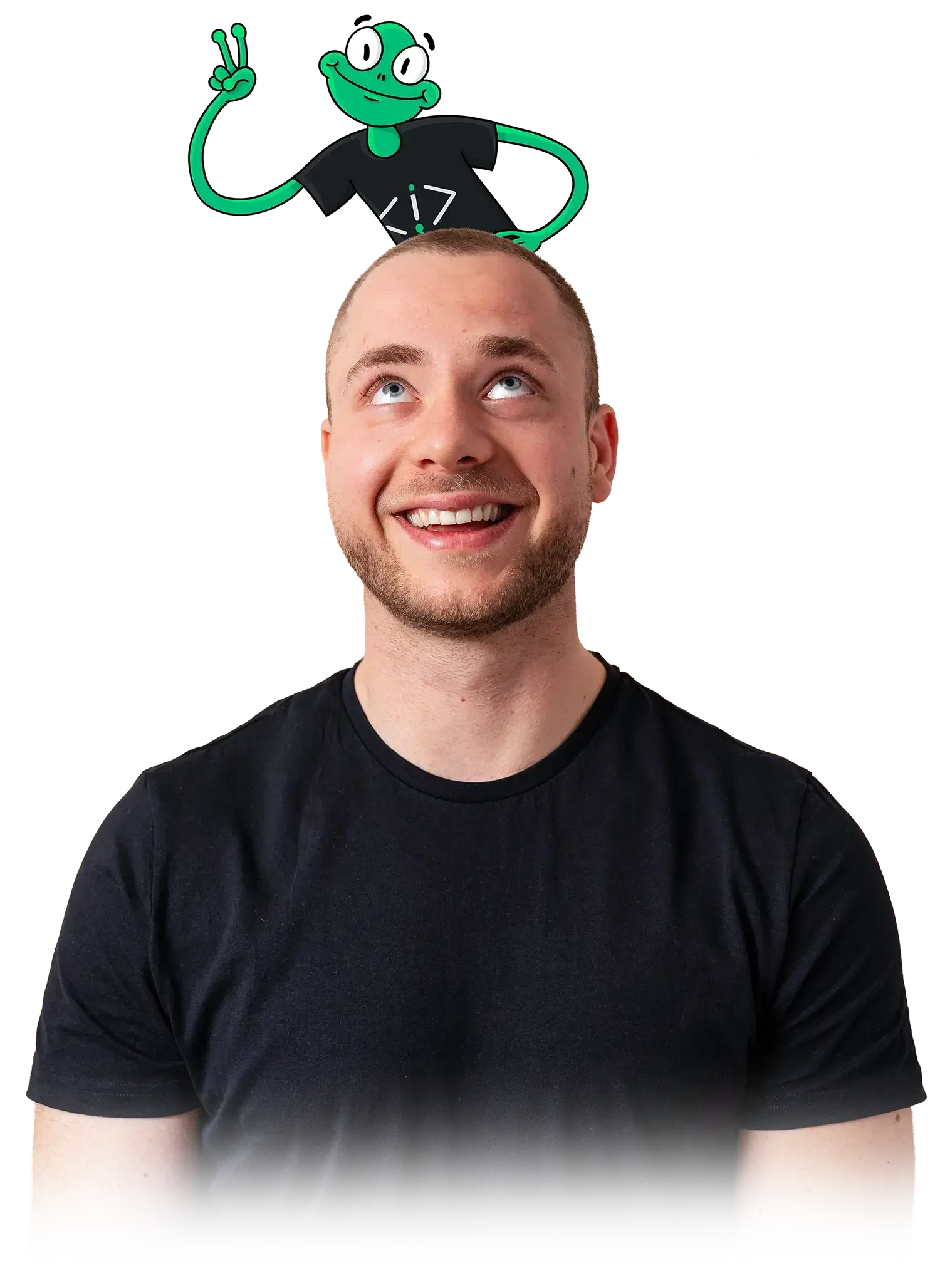 Lächelnder Mann in schwarzem T-Shirt blickt nach oben auf eine grüne Cartoon-Figur, die Frieden mit zwei Fingern zeigt.