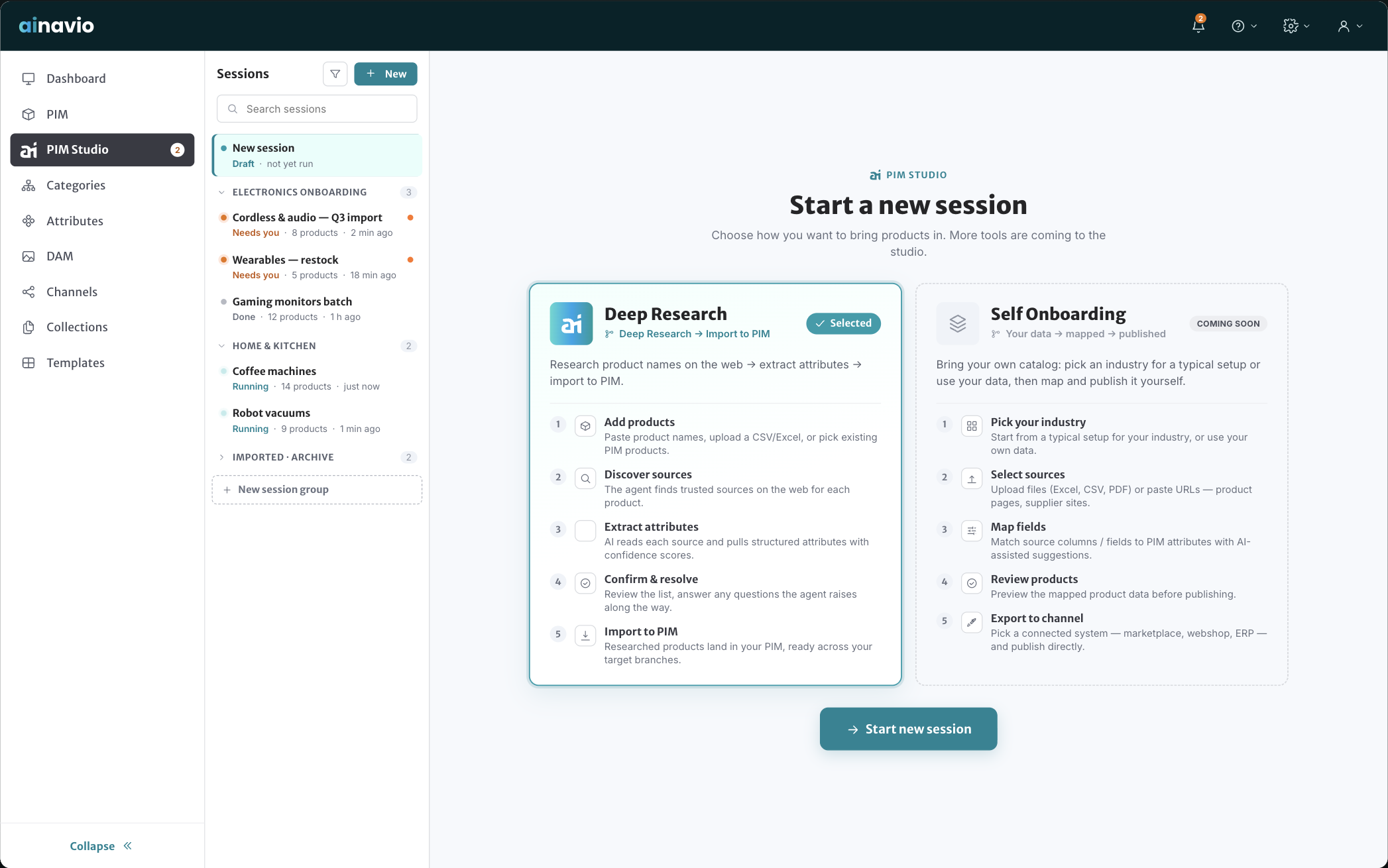 Benutzeroberfläche mit Optionen für Session-Start: Deep Research oder Selbst-Onboarding in einer PIM-Software.